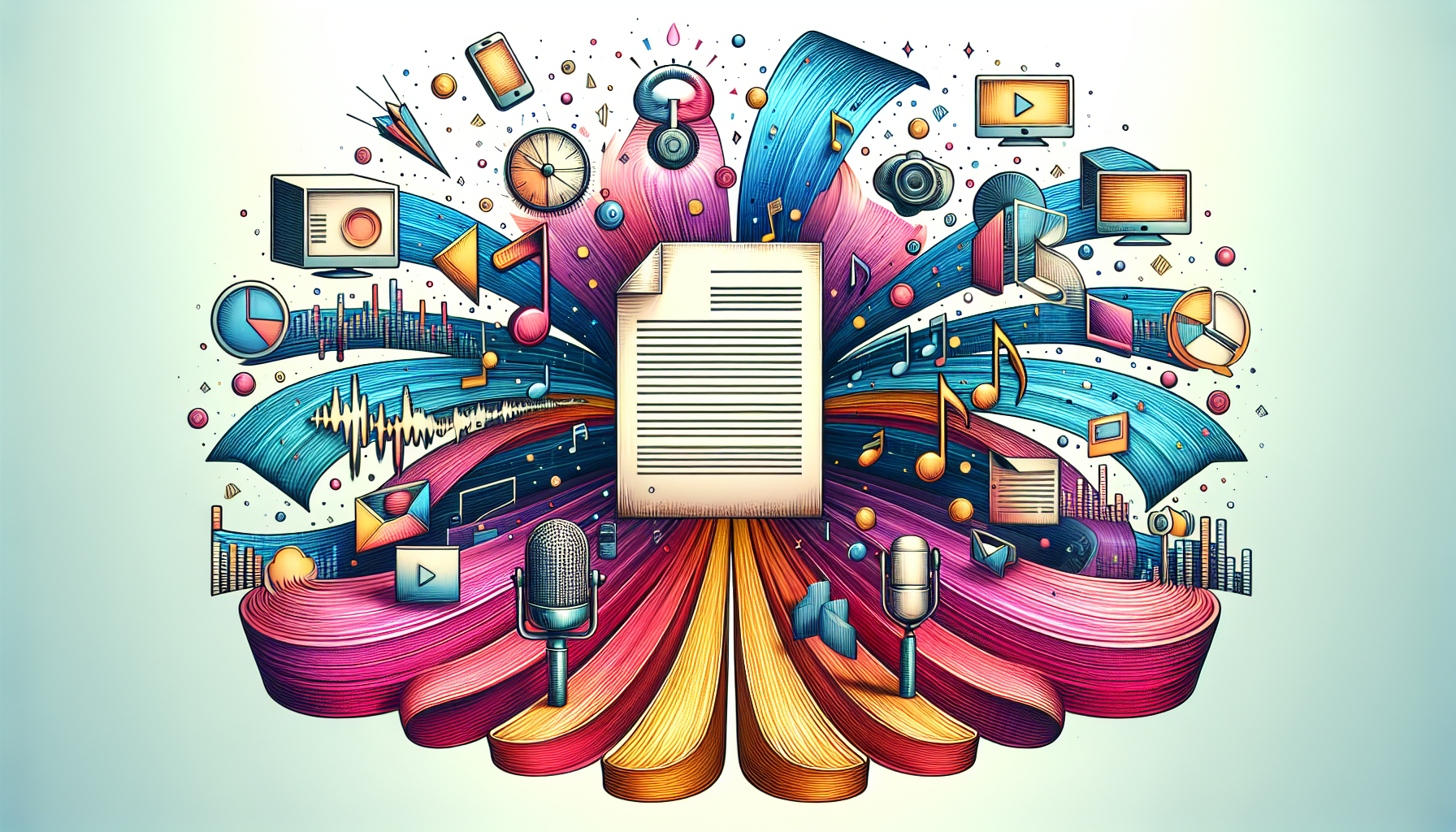 NotebookLM의 멀티모달 콘텐츠 자동 생성 기능을 표현한 일러스트