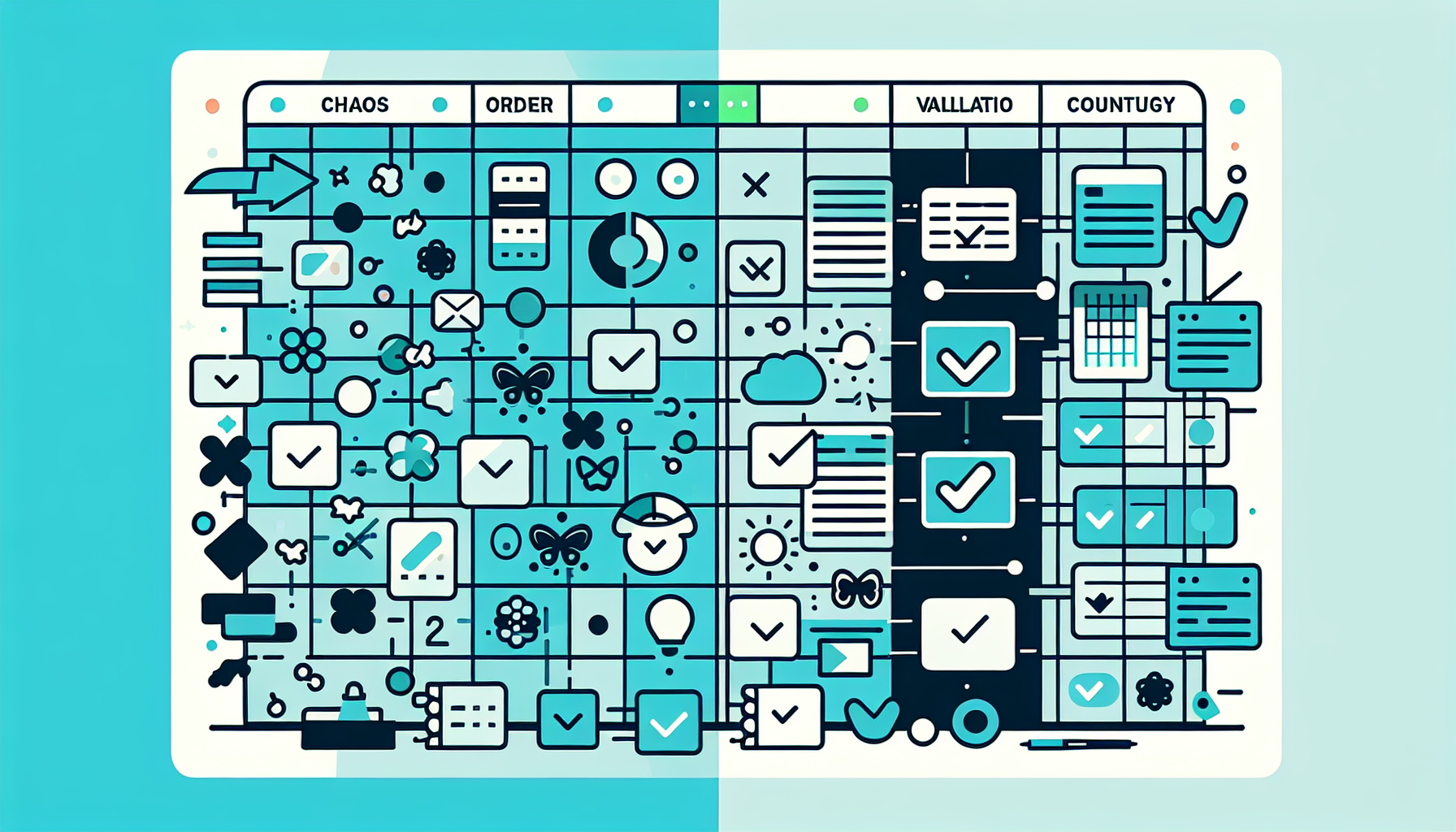 스프레드시트의 데이터 혼란과 데이터베이스의 구조화된 관리 방식을 대비하여 보여주는 일러스트