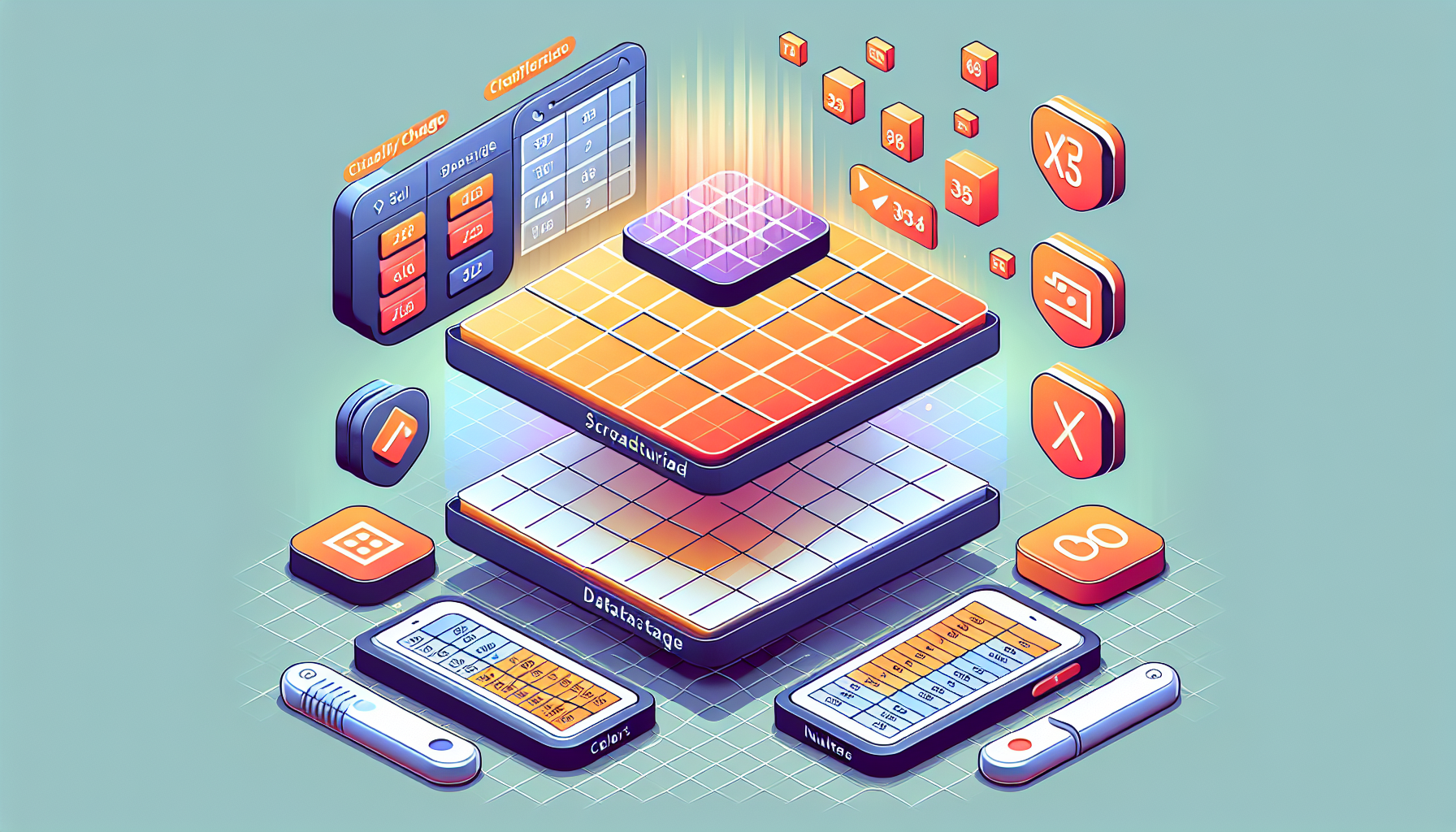스프레드시트가 열 타입이 지정된 구조화된 테이블로 변환되는 과정을 보여주는 아이소메트릭 일러스트