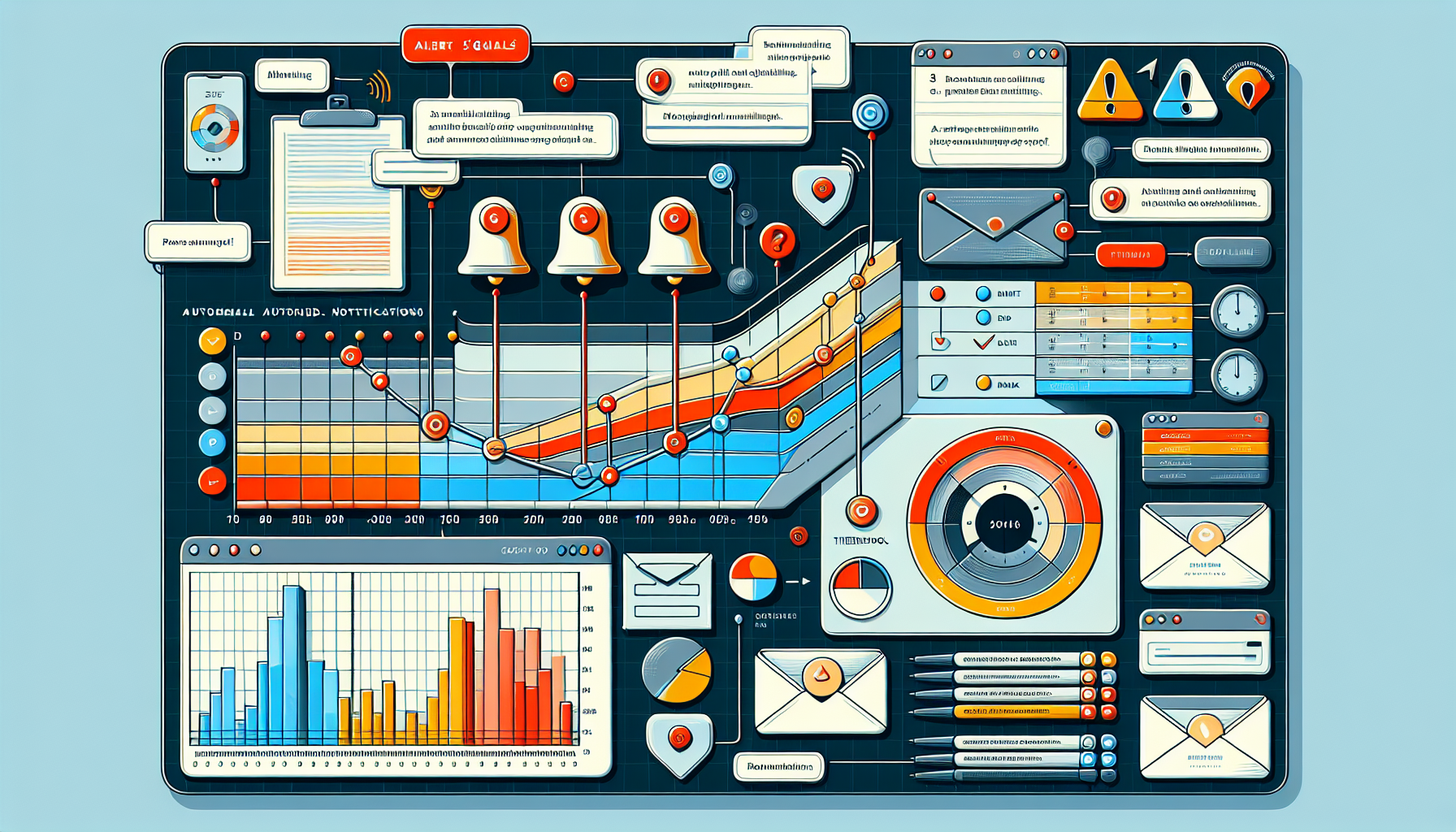 스프레드시트의 조건부 알림 시스템이 특정 조건 충족 시 자동으로 이메일을 발송하는 과정을 표현한 일러스트
