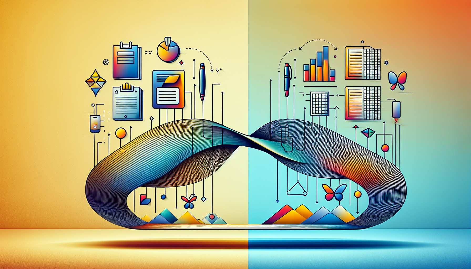 구글 스프레드시트가 유연성과 구조화의 균형점을 찾아가는 정체성 변화를 표현한 개념적 일러스트