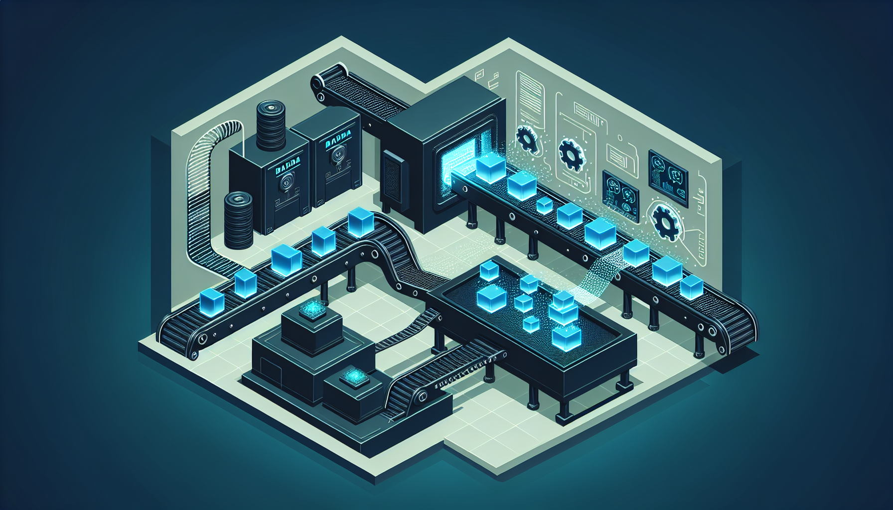 데이터 자동화 스크립트의 3단계 컨베이어 벨트 처리 과정 일러스트