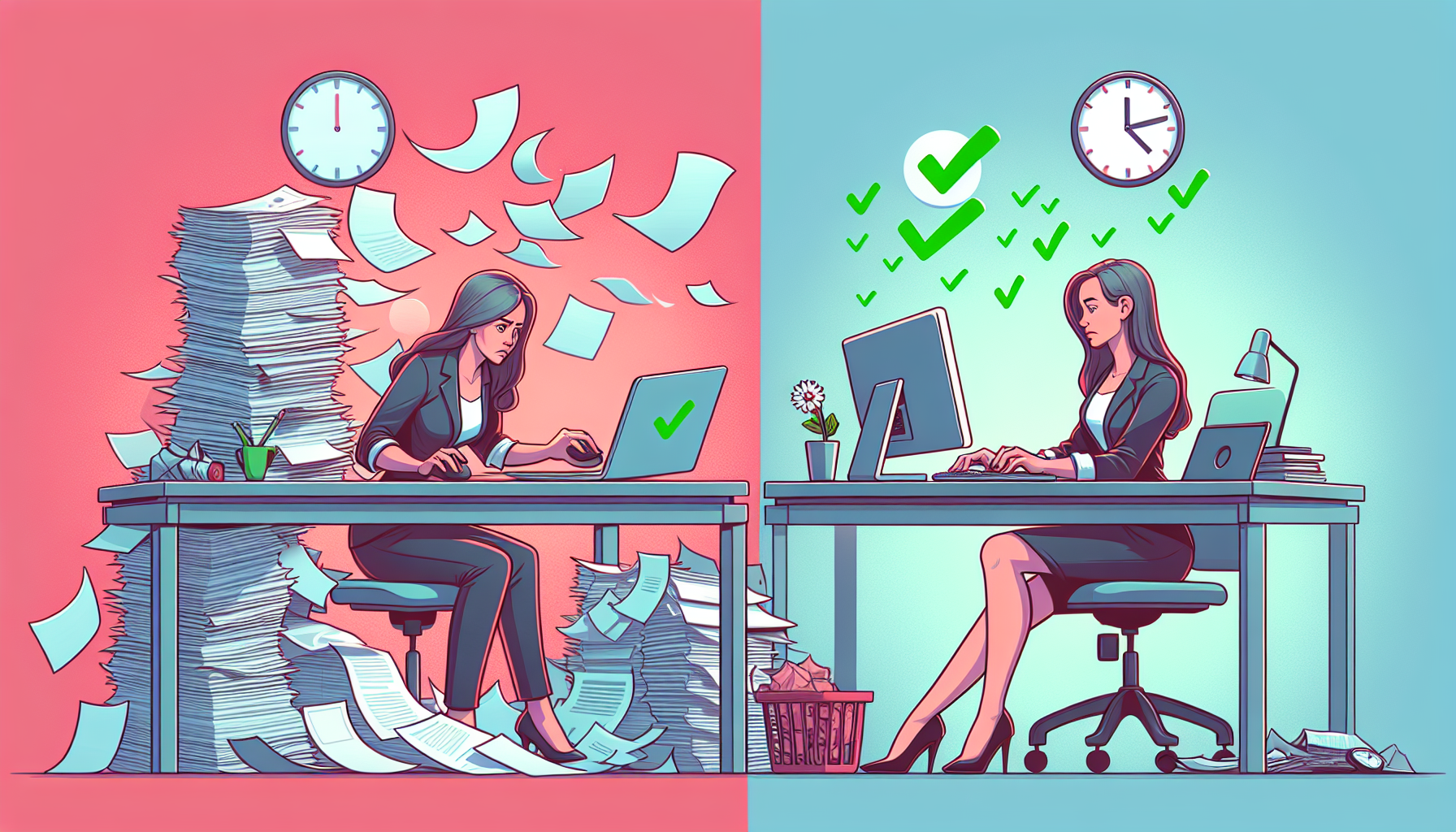 마우스 클릭 반복 작업과 단축키 효율 작업을 비교하는 일러스트