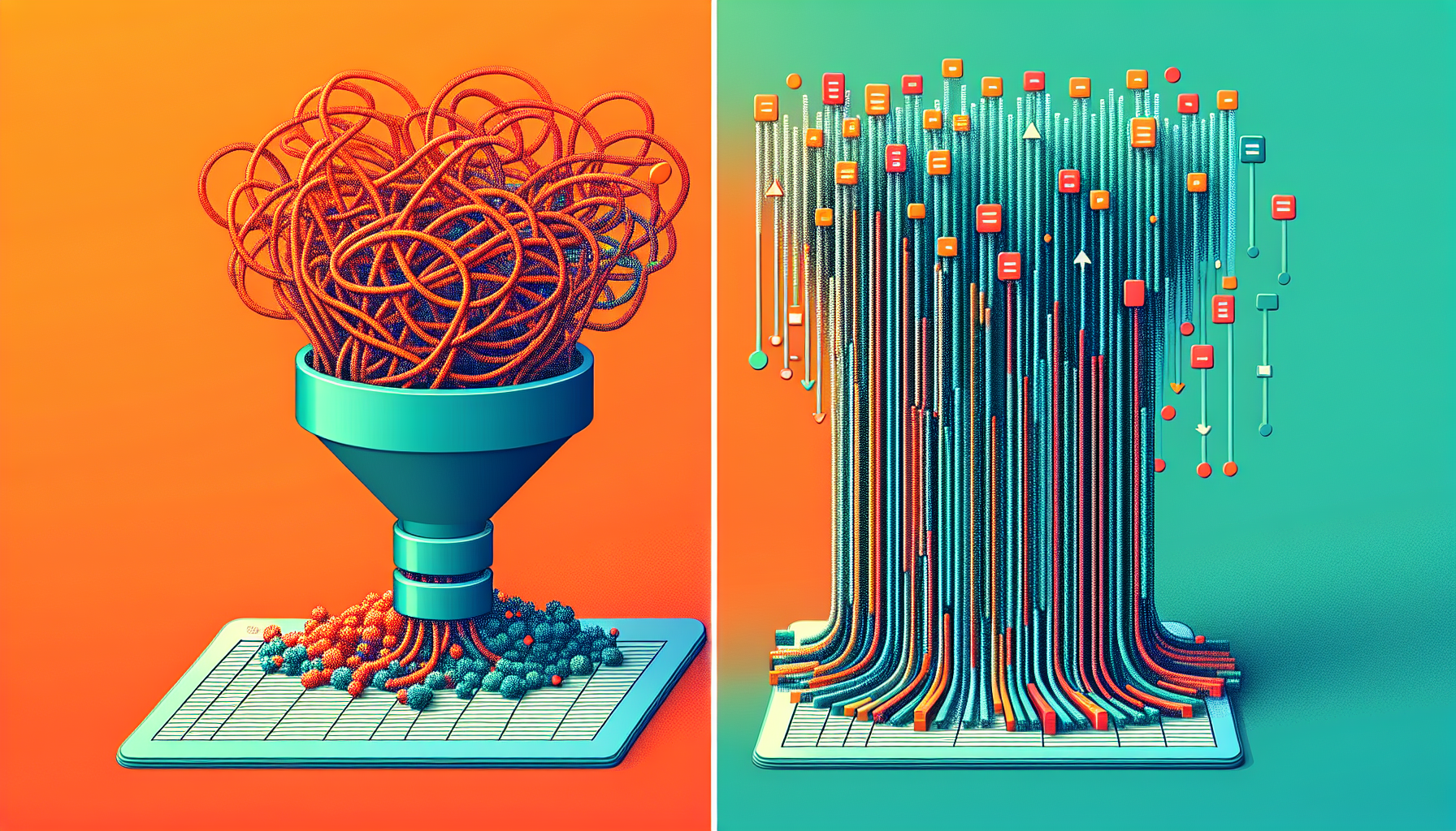 지저분한 중복 데이터가 깔끔하게 정리되는 데이터 클리닝 과정 일러스트