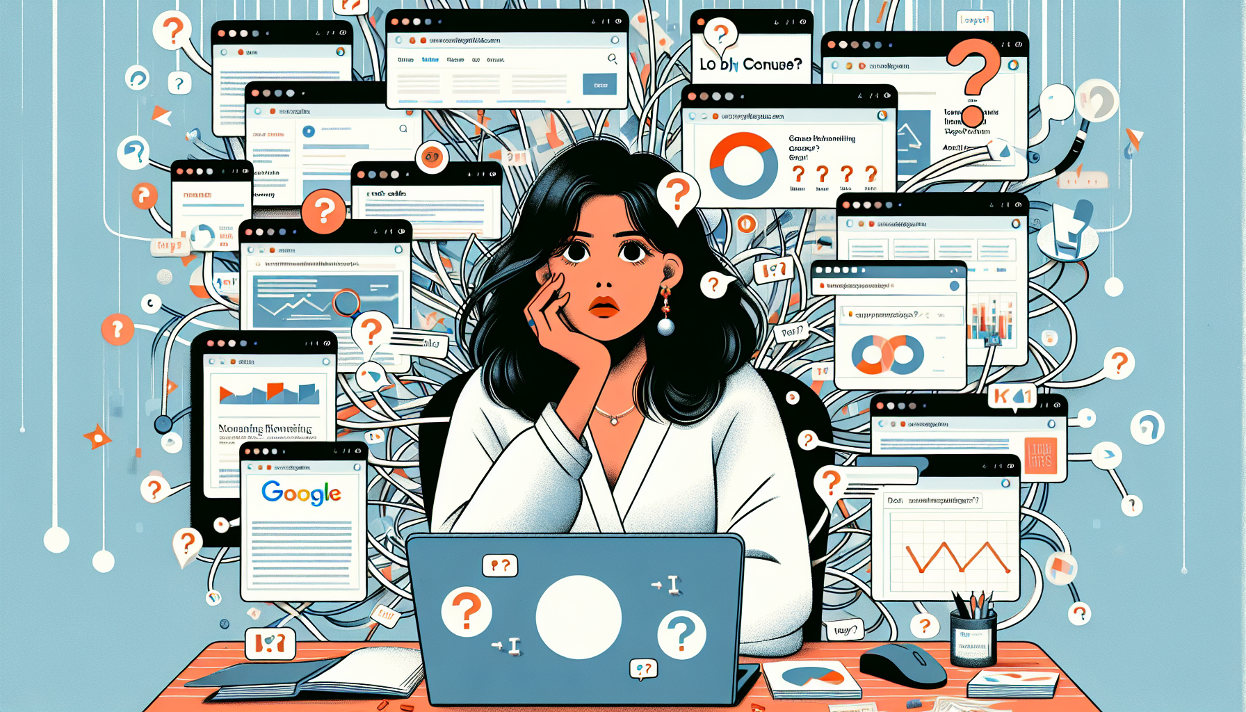 블로그 주제 선정에 고민하는 블로거와 구글 트렌드, 뉴스 사이트 화면들이 주변에 떠있는 일러스트