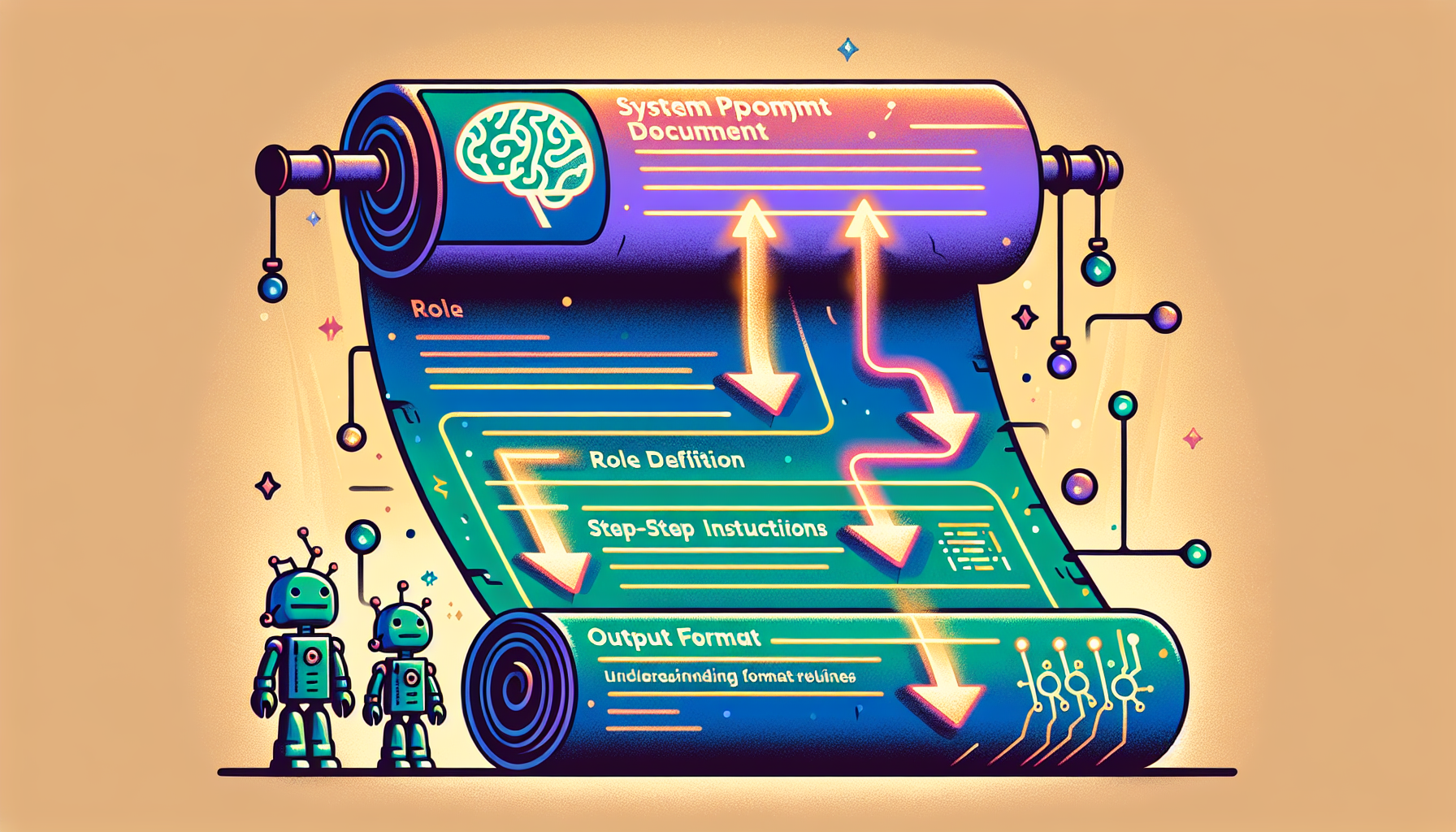 GPT 시스템 프롬프트 지침 구조와 3단계 자동화 흐름을 표현한 일러스트