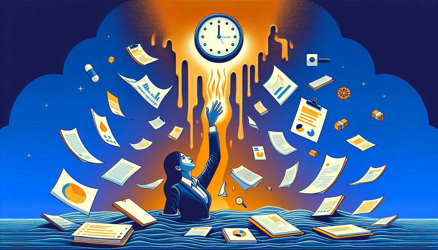 반복 업무에 시간을 빼앗기는 직장인을 표현한 일러스트