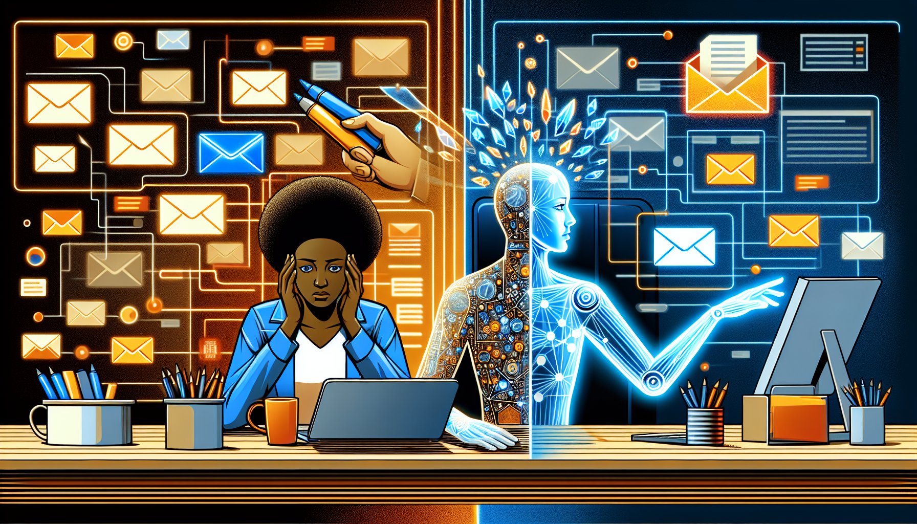 AI 이메일 어시스턴트가 업무를 돕는 모습을 표현한 일러스트