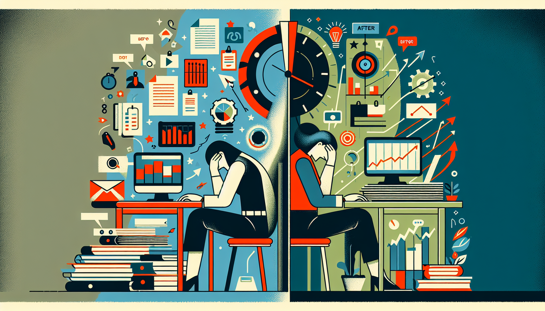 업무 자동화를 통한 생산성 향상 전후 비교를 보여주는 일러스트