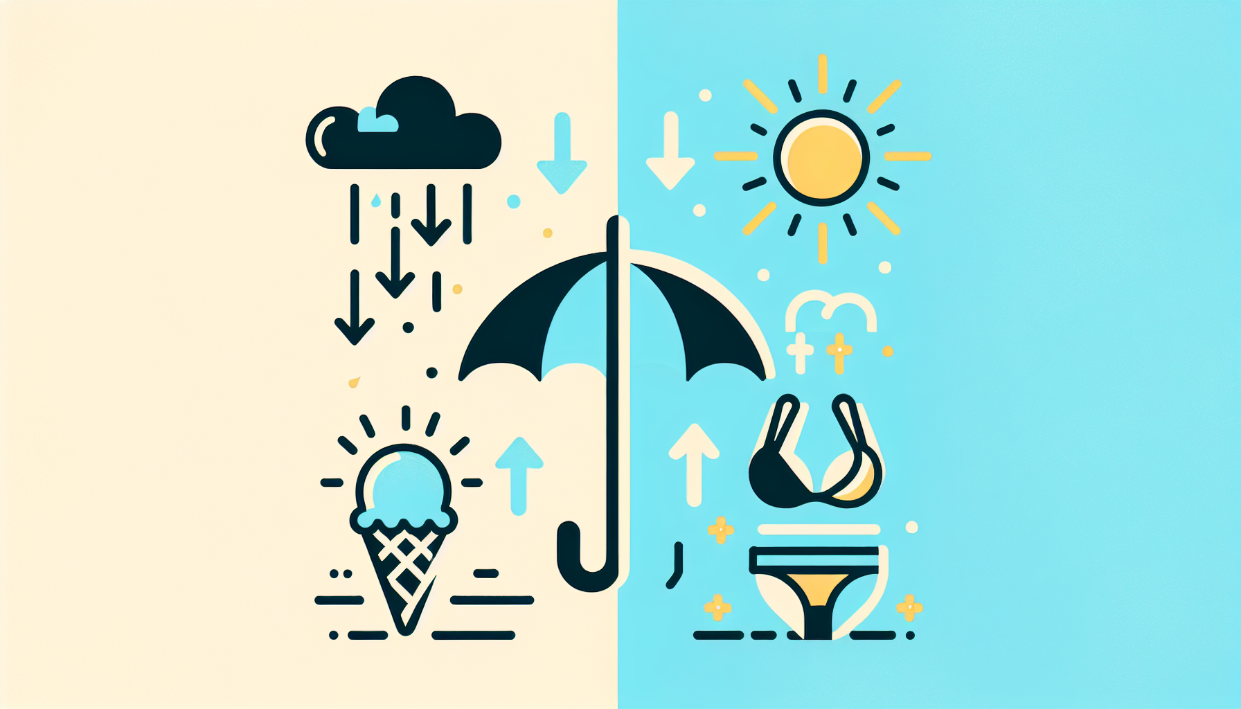 날씨에 따른 우산, 아이스크림, 수영복 주식의 상관성 비교 일러스트