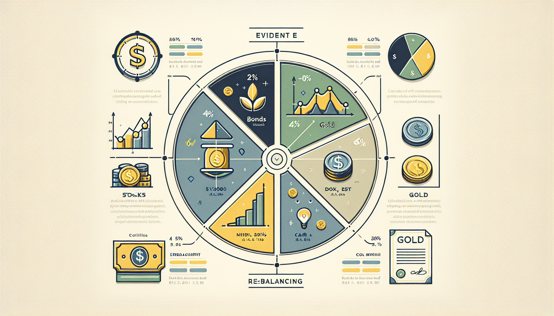 주식, 채권, 금, 현금으로 구성된 균형 잡힌 자산 배분 포트폴리오 다이어그램