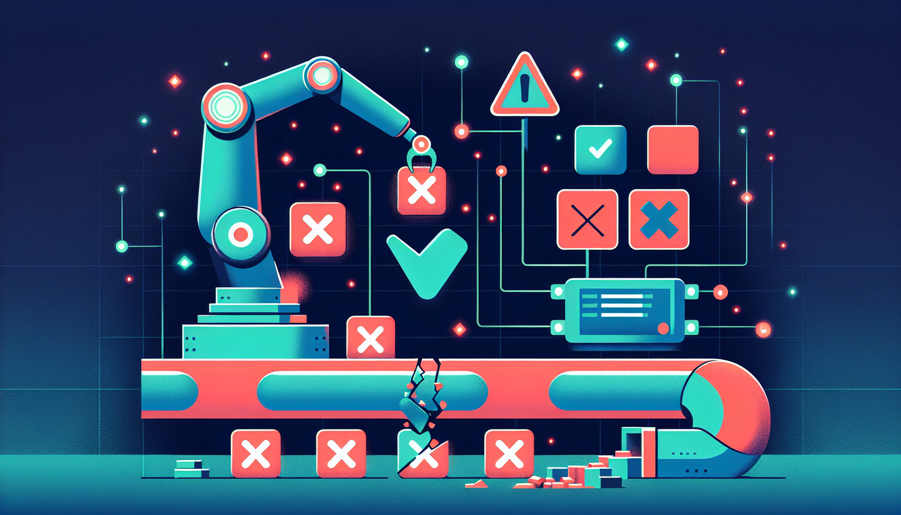 AI 자동화 오류가 파이프라인을 통해 전파되는 위험성을 보여주는 일러스트