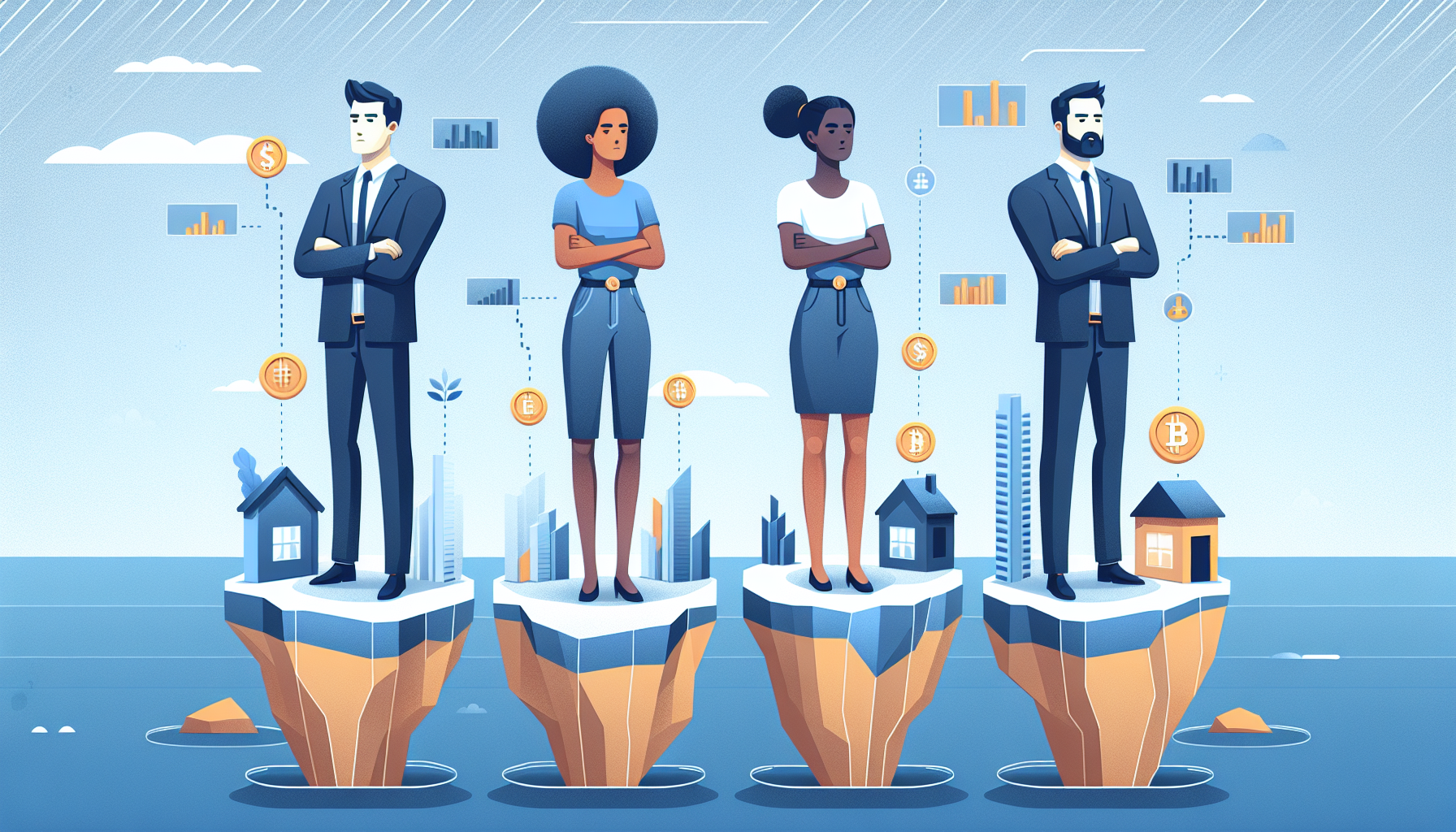 투자자들이 서로 다른 투자 방식에 갇혀 기회를 놓치는 모습을 표현한 일러스트