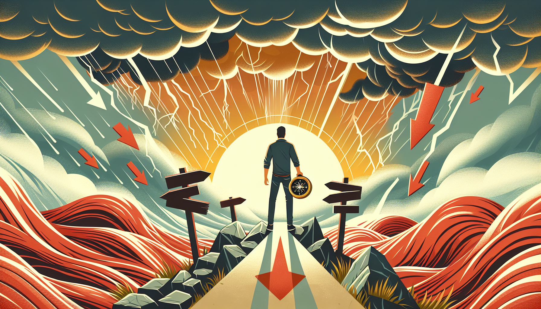 시장 변동성 속에서도 투자 원칙을 지키며 장기 전략을 유지하는 모습을 표현한 일러스트