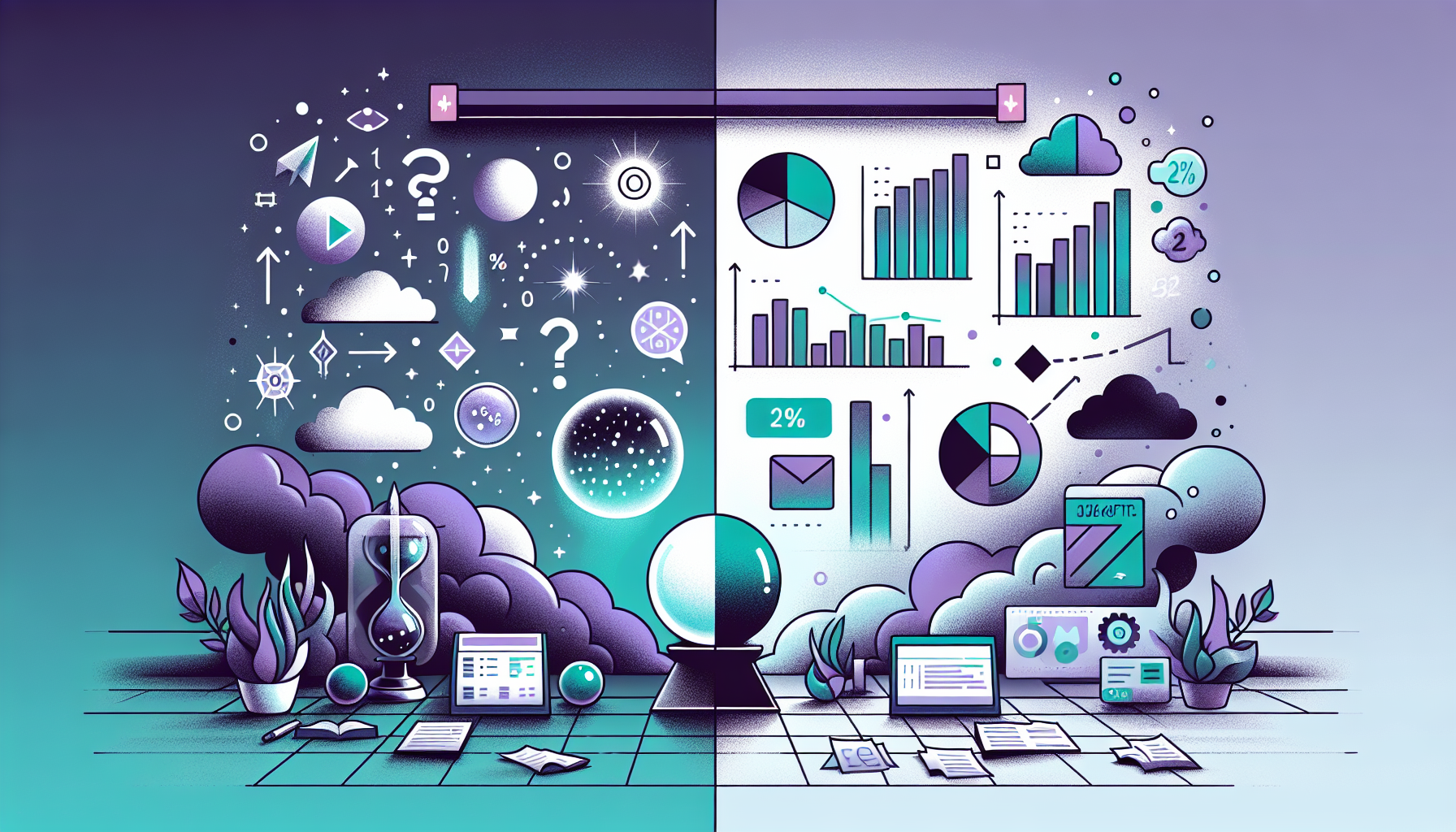 검증 불가능한 투자 미신과 데이터 기반의 검증 가능한 투자 전략을 대비한 일러스트