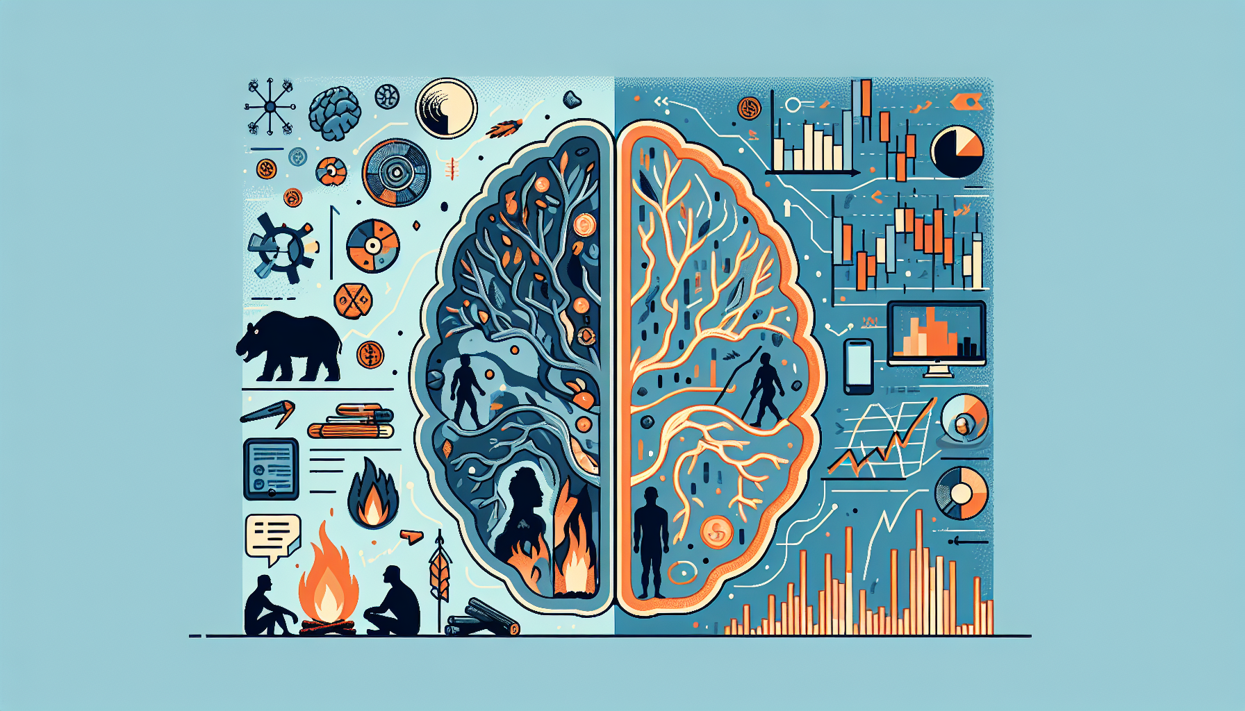 원시 뇌의 생존 본능과 현대 금융시장의 충돌을 표현한 투자 심리 편향 일러스트