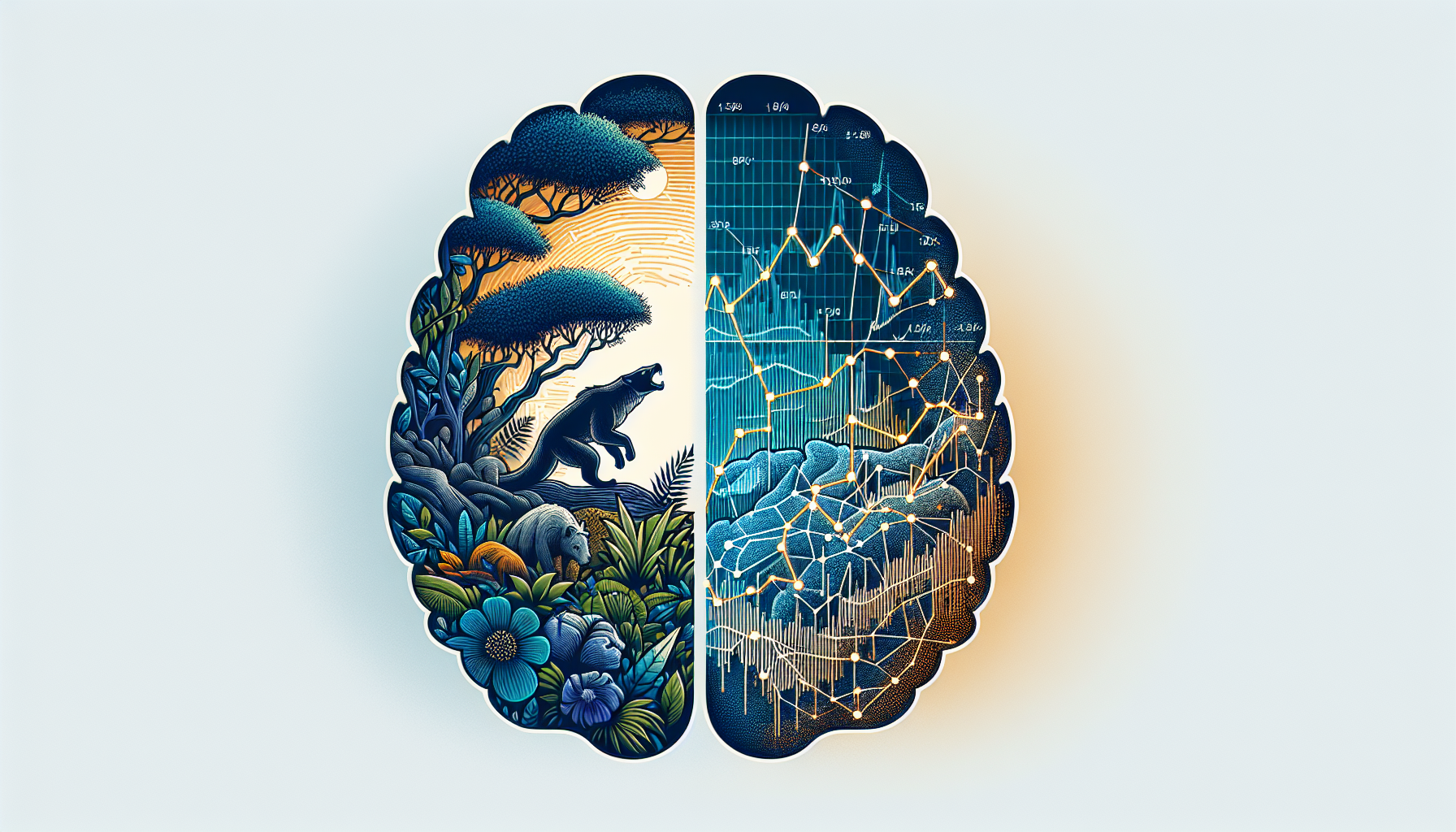 진화적 본능과 금융 시장 판단 사이의 인간 뇌 구조를 나타낸 일러스트