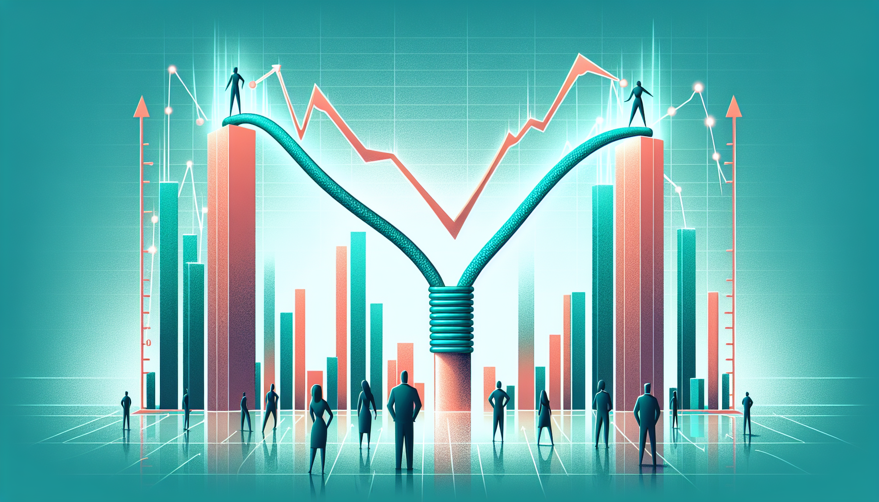 평균 회귀 개념을 고무줄 비유로 표현한 금융 투자 일러스트