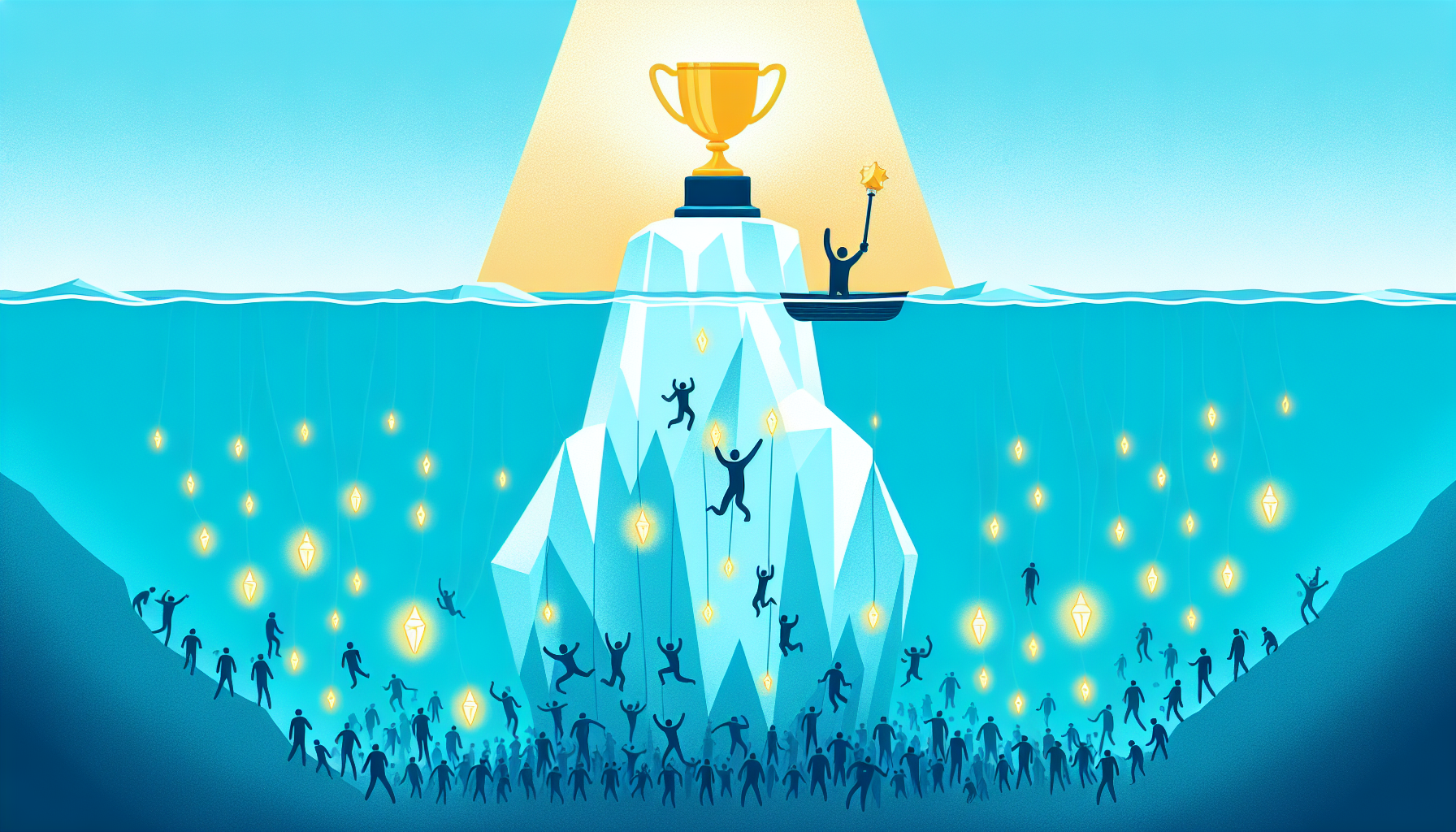 투자 성공 사례는 부각되고 실패 사례는 숨겨지는 가용성 편향을 빙산으로 표현한 일러스트