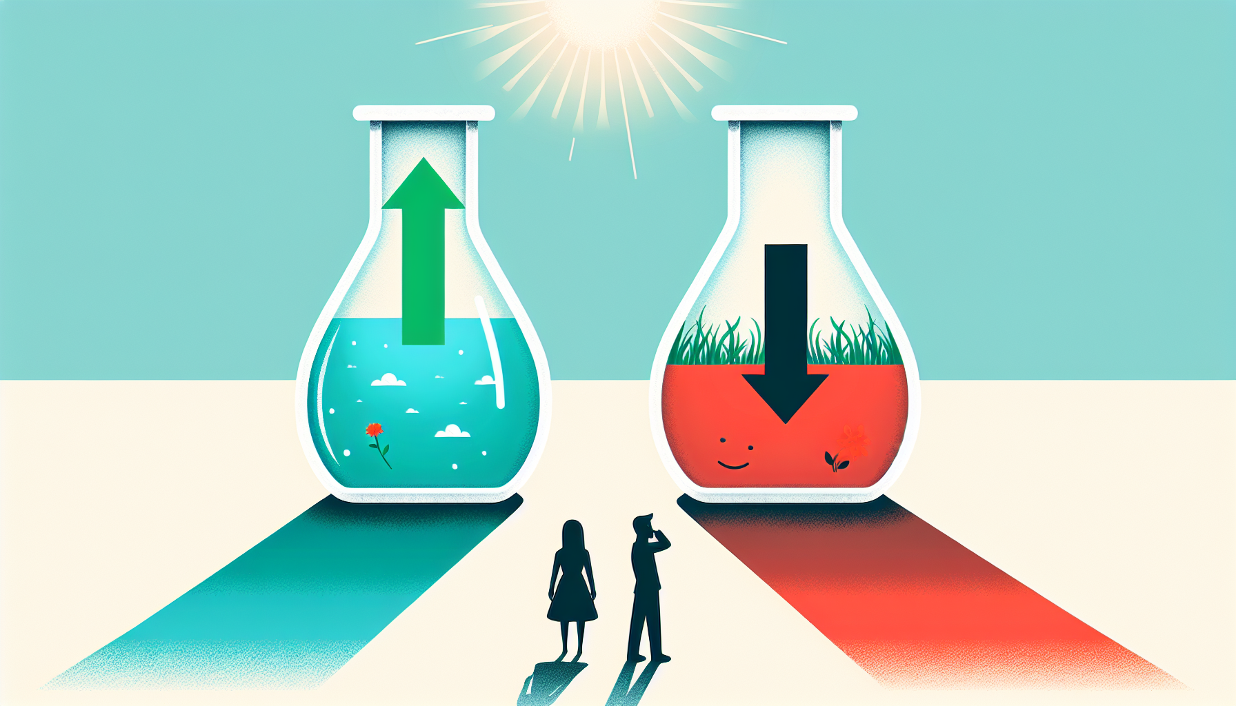 같은 정보도 표현 방식에 따라 판단이 달라지는 프레이밍 효과를 반컵 물로 표현한 일러스트