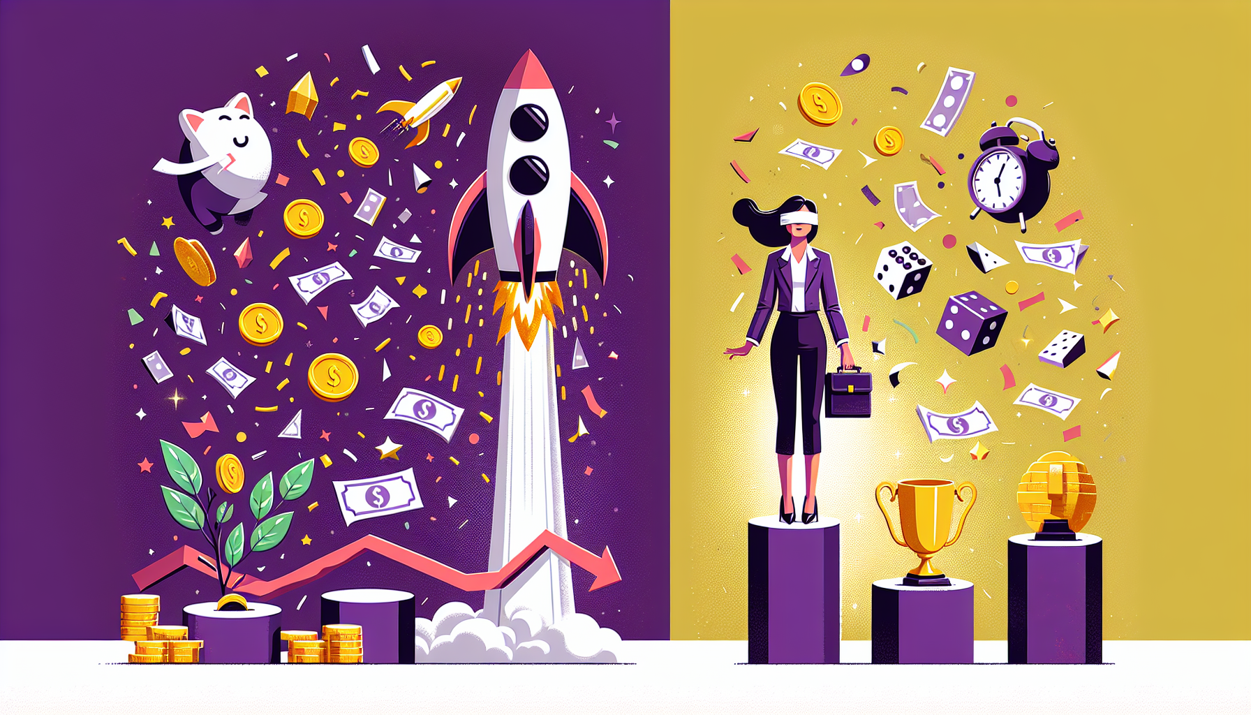 강세장에서의 운을 실력으로 착각하는 결과 편향을 표현한 투자자 일러스트