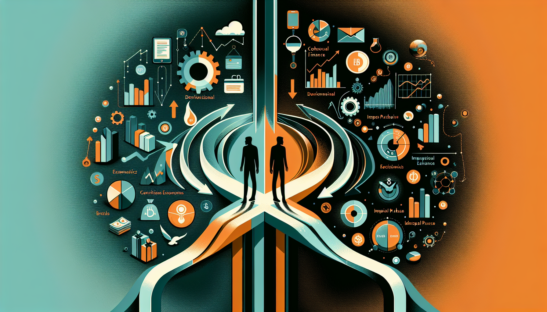 행동재무학 개념 - 전통 경제학의 합리적 인간 가정과 실제 인간의 비합리적 투자 행동 비교 일러스트