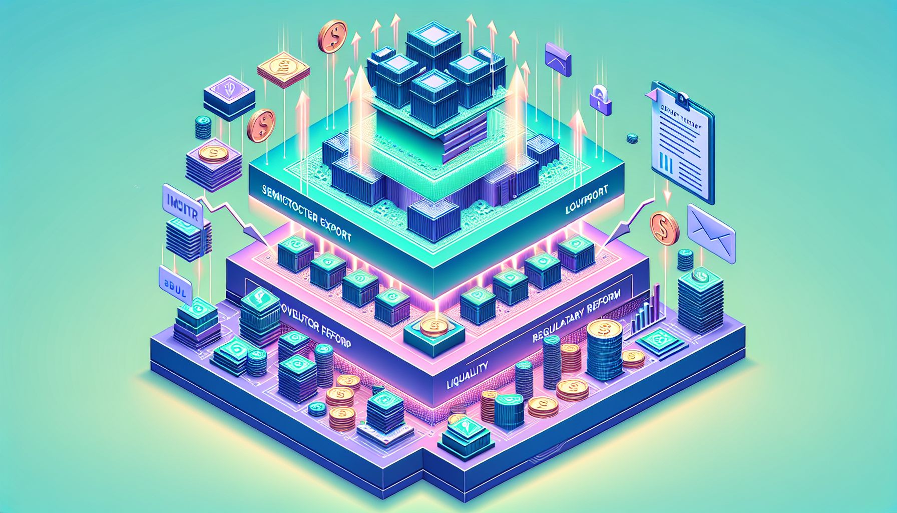 수출 외 코스피 상승 요인인 제도 개편과 유동성 확대를 표현한 레이어드 일러스트