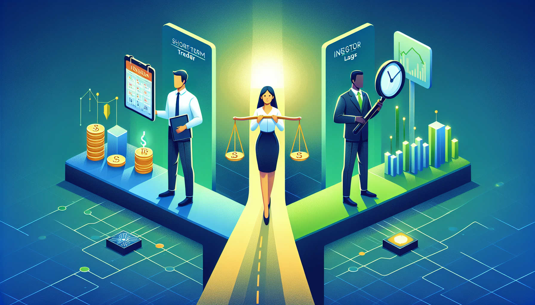 단기 트레이더, 장기 투자자, 섹터 분석가를 위한 투자 전략 선택 일러스트