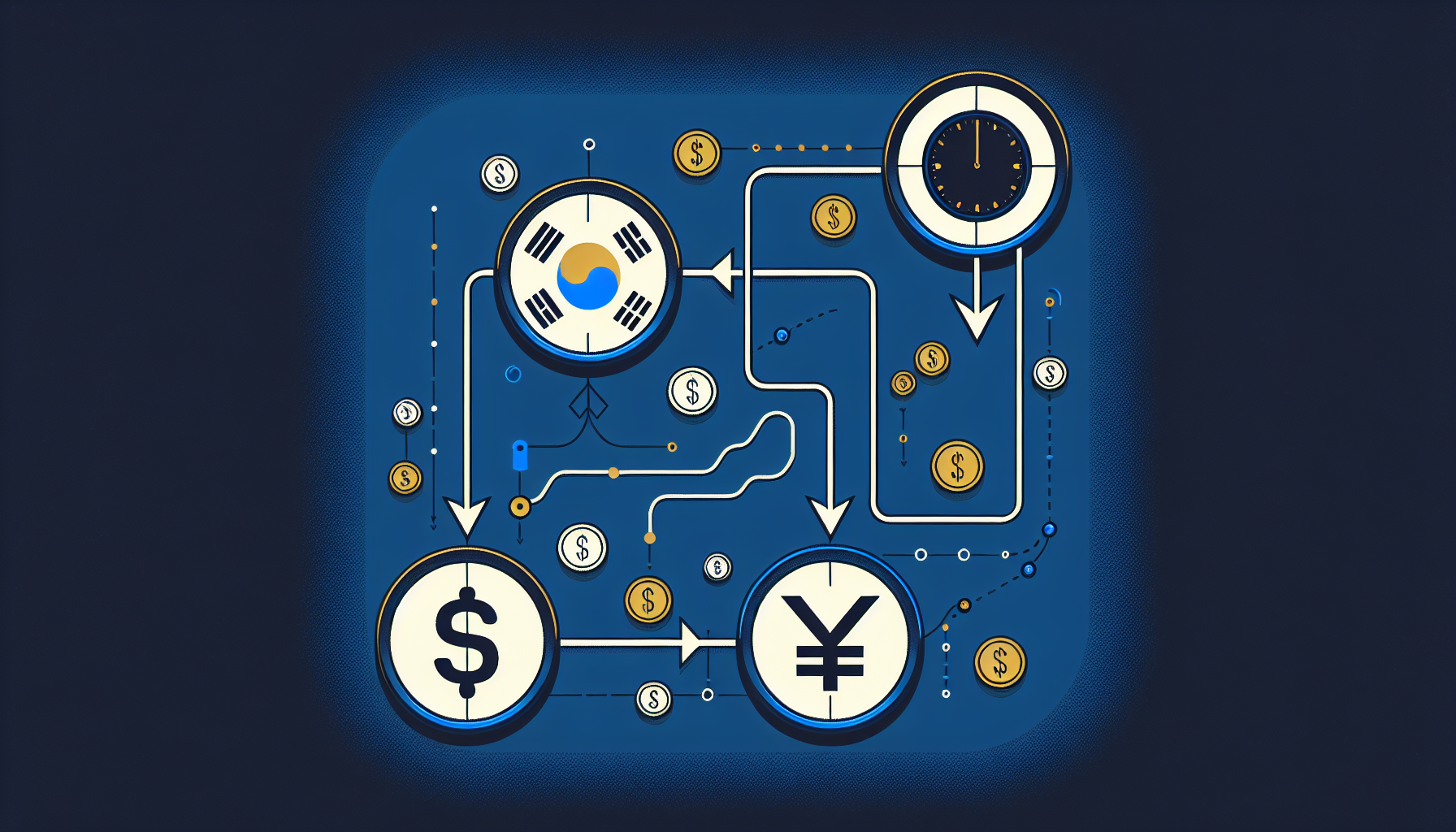 한국, 미국, 일본 세 나라의 서로 다른 금리 정책 방향을 보여주는 인포그래픽