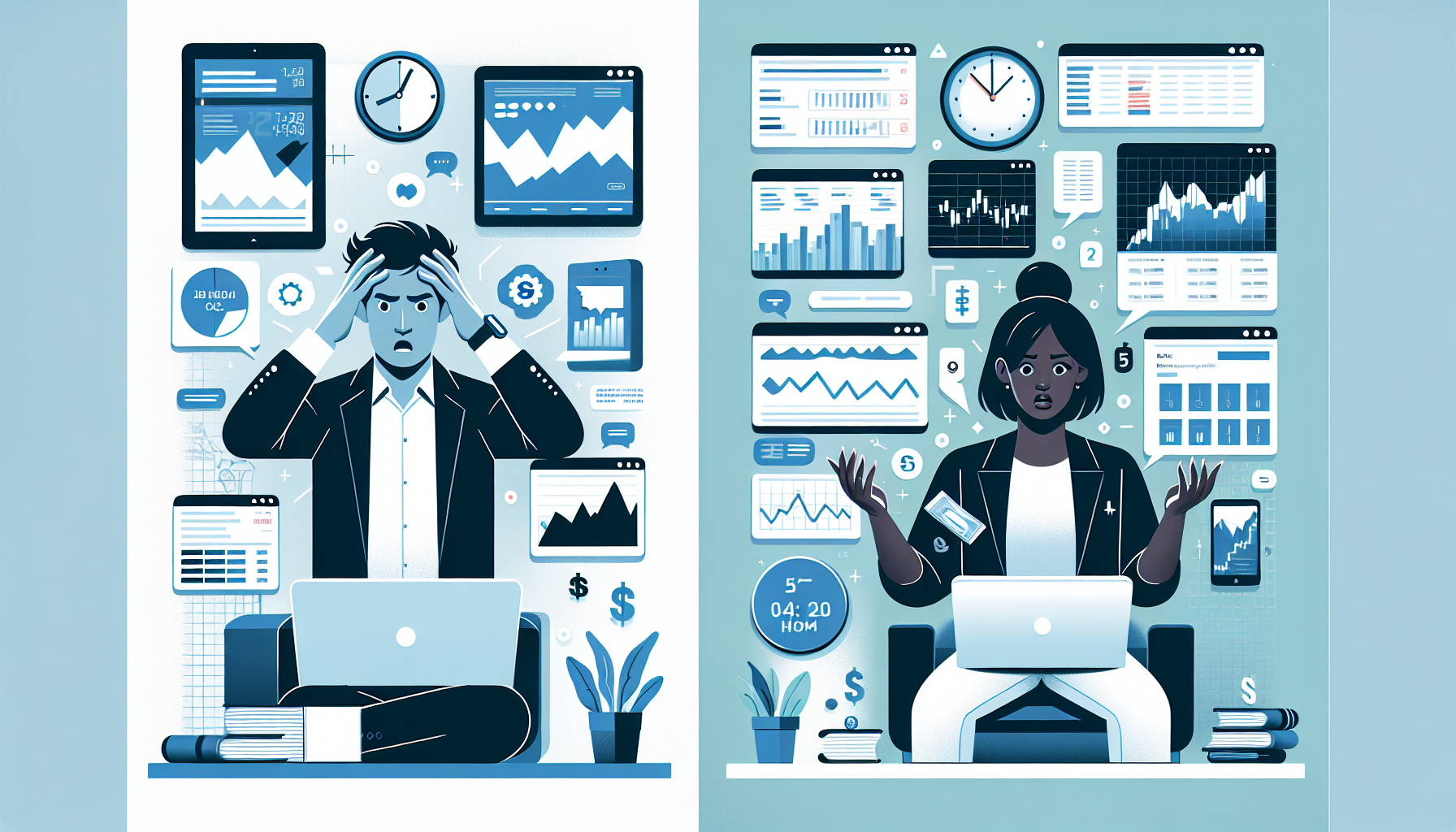 매일 차트를 분석하는 바쁜 투자자와 월 5분만 확인하는 게으른 포트폴리오 투자자 비교 일러스트