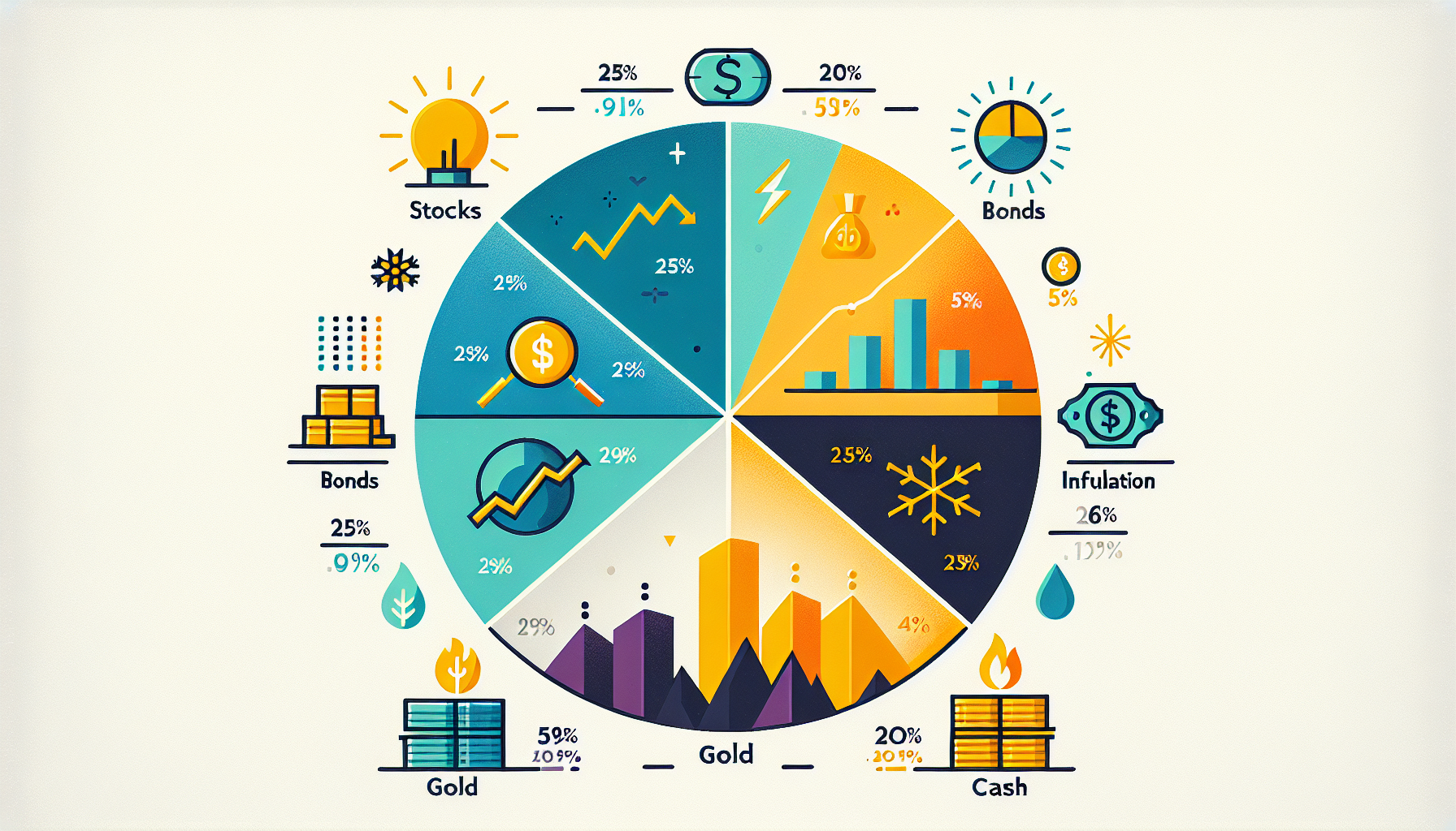 영구 포트폴리오 주식 채권 금 현금 각 25% 균등 배분 사계절 경제 대응 전략 일러스트