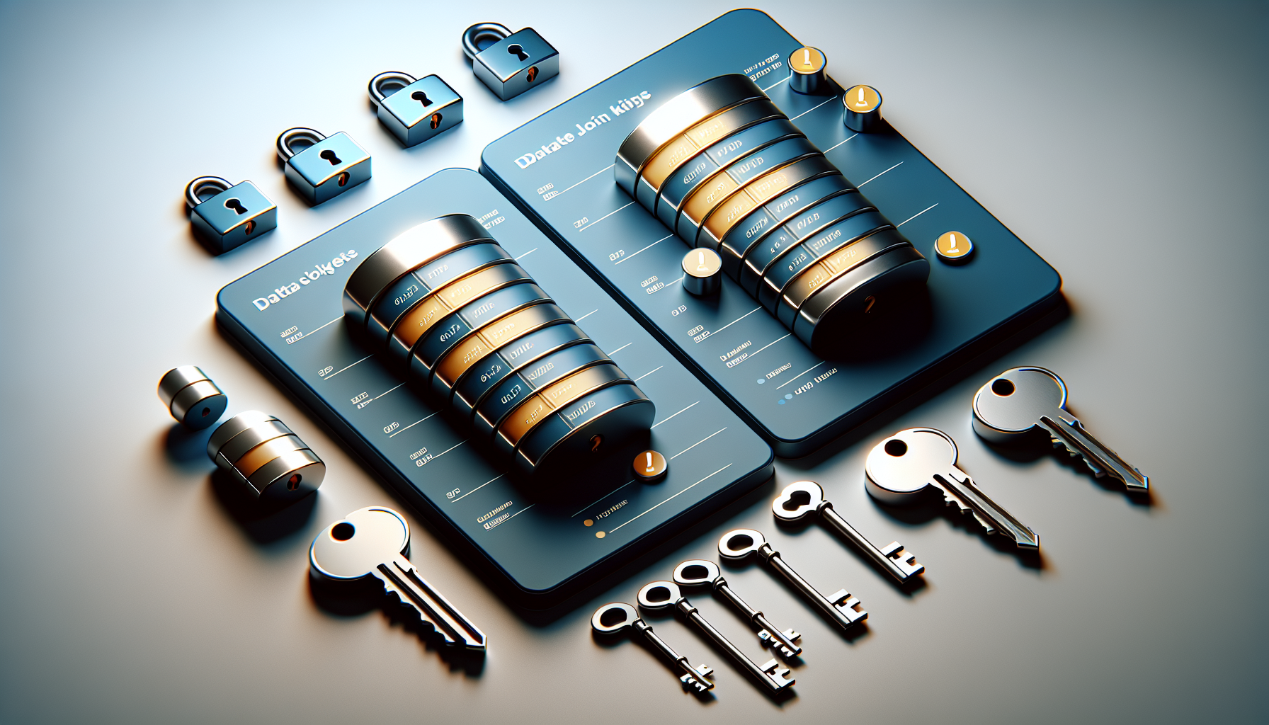 데이터 테이블 간 조인 조건과 키 매칭을 열쇠와 자물쇠로 표현한 기술 일러스트
