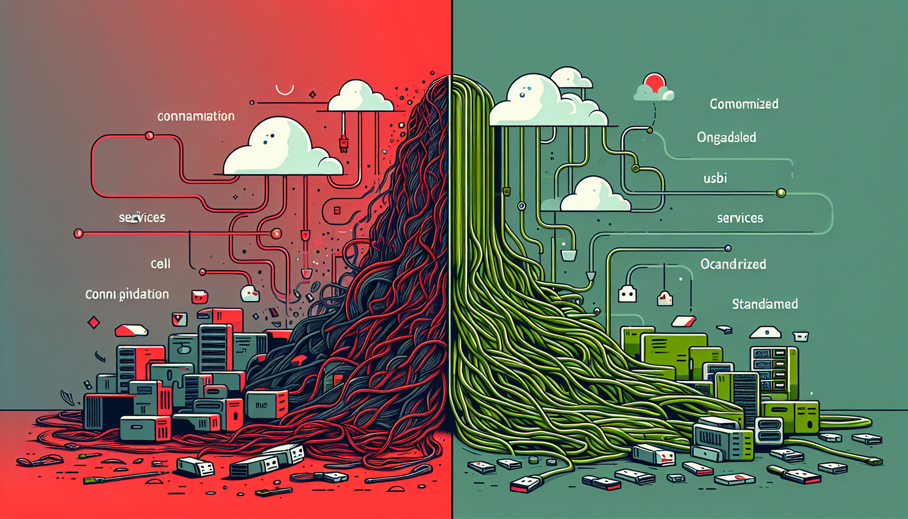 MCP 도입 전후의 AI-서비스 연결 방식을 비교한 개념도, USB 표준화 비유를 시각화