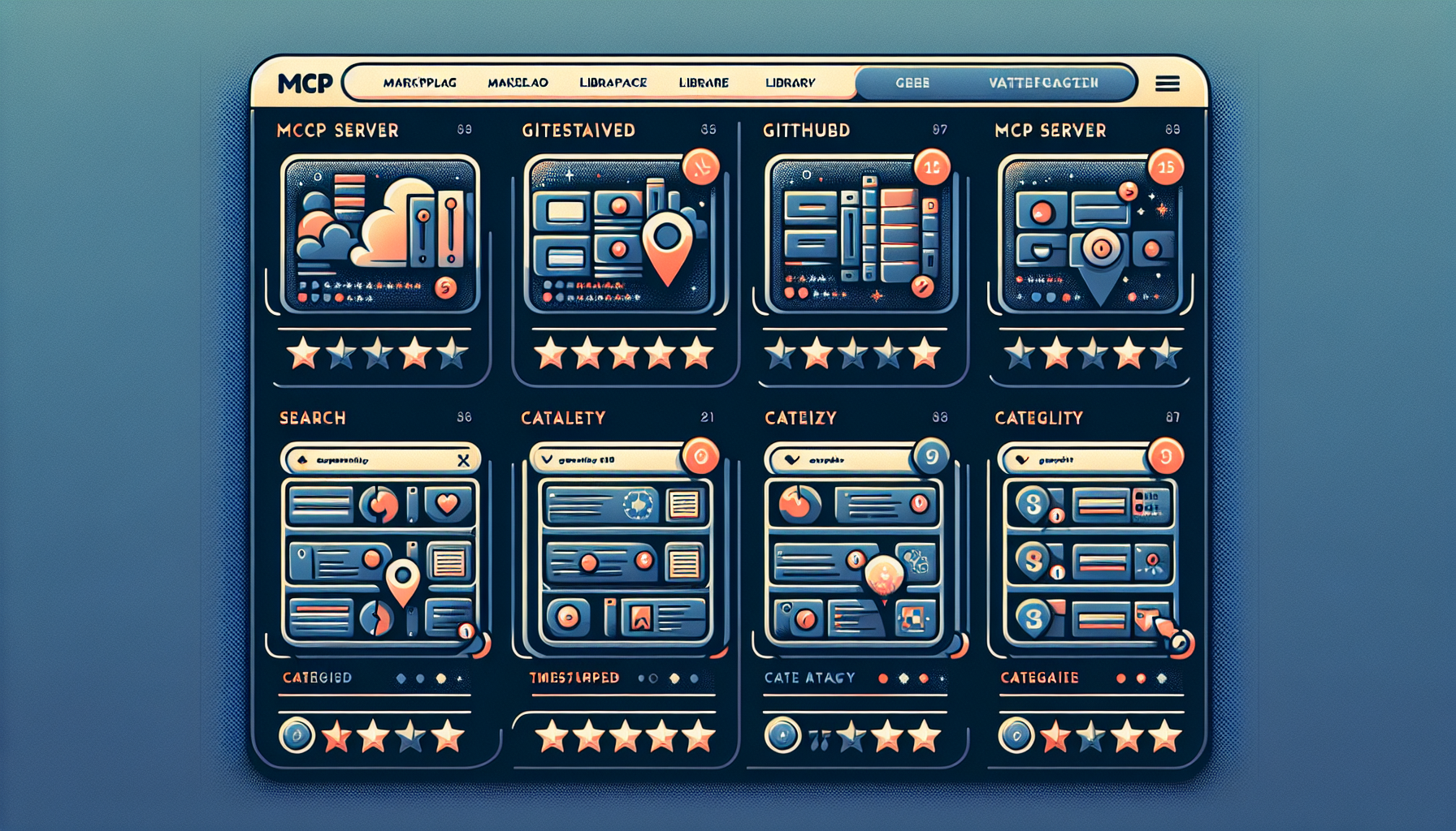 MCP 서버를 카테고리별로 분류하고 평가 지표를 보여주는 리소스 라이브러리 인터페이스