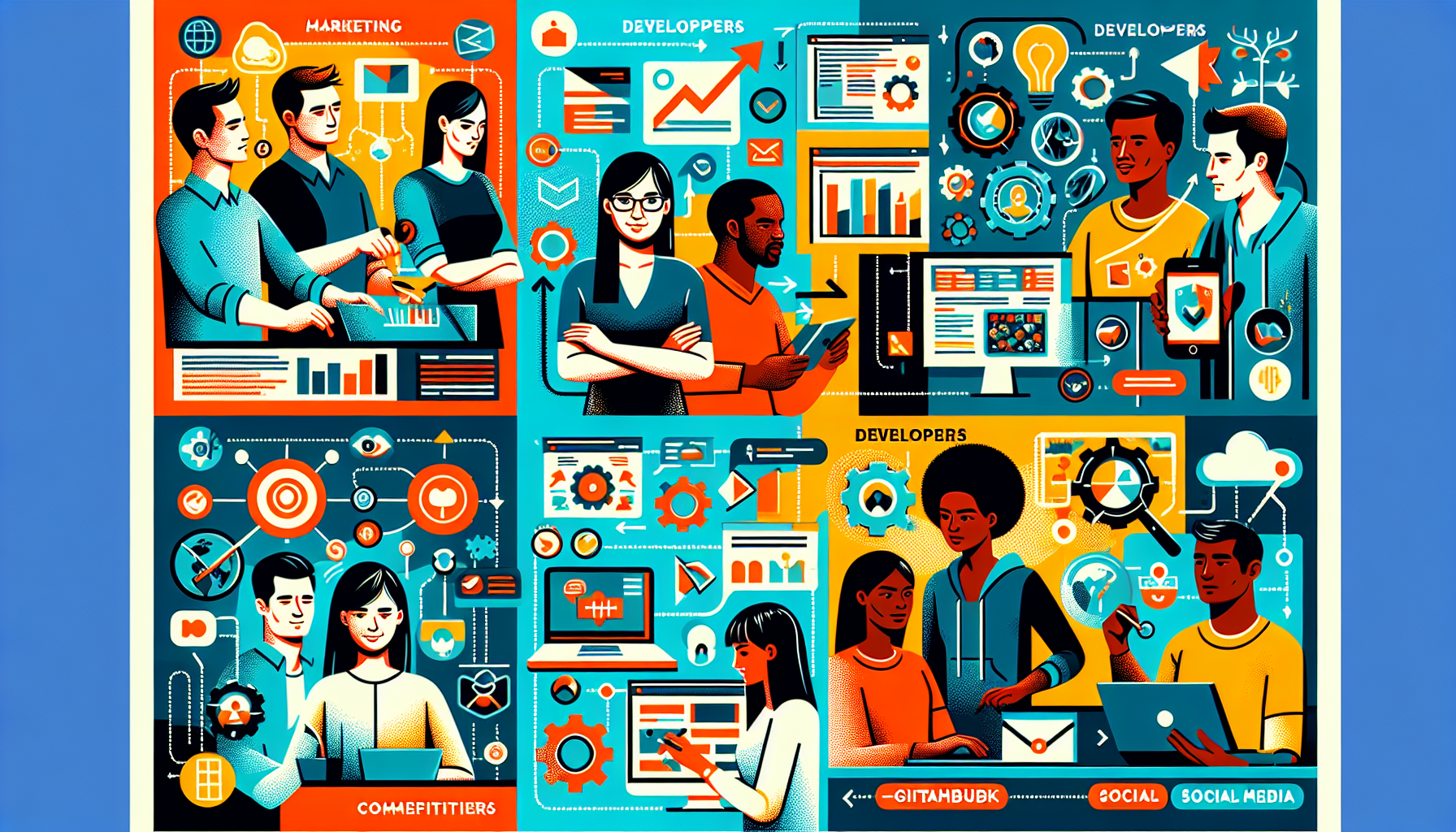 마케팅, 개발, 콘텐츠 관리 등 다양한 팀에서 MCP를 활용하는 실무 시나리오를 보여주는 일러스트