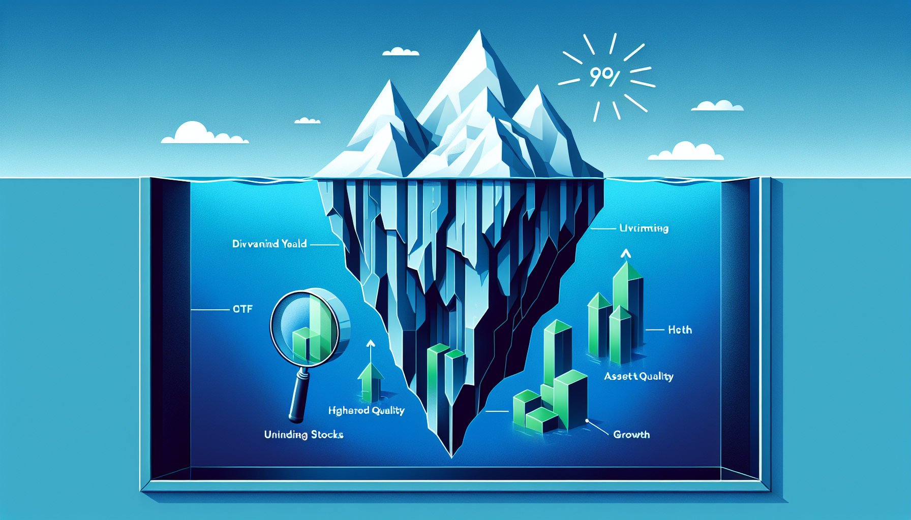 ETF 기초 자산의 질을 빙산으로 표현한 일러스트 - 배당수익률과 자산 구성
