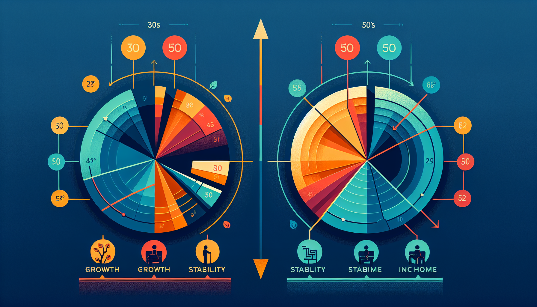 연령대별 ETF 포트폴리오 구성 전략 일러스트 - 30대 40대 50대 60대 투자 비중