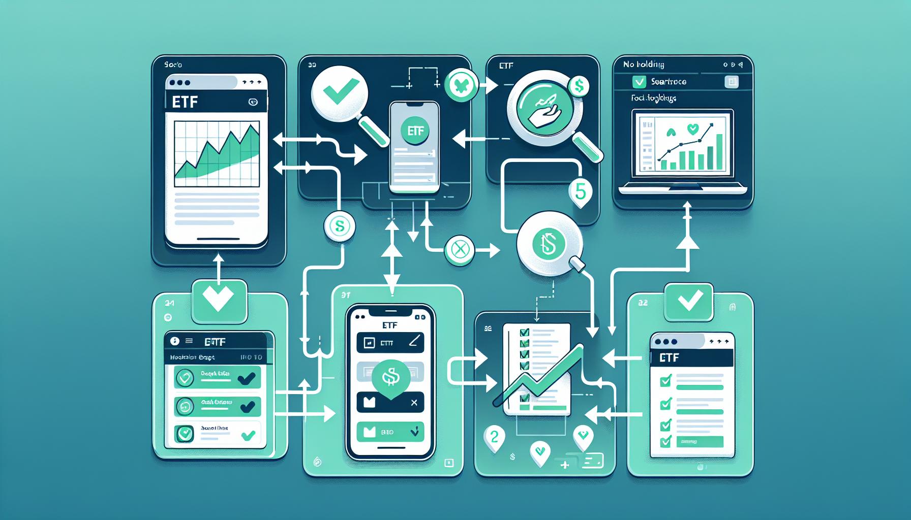 ETF 투자 실전 가이드 단계별 일러스트 - 증권사 앱 KRX 종목 확인 방법
