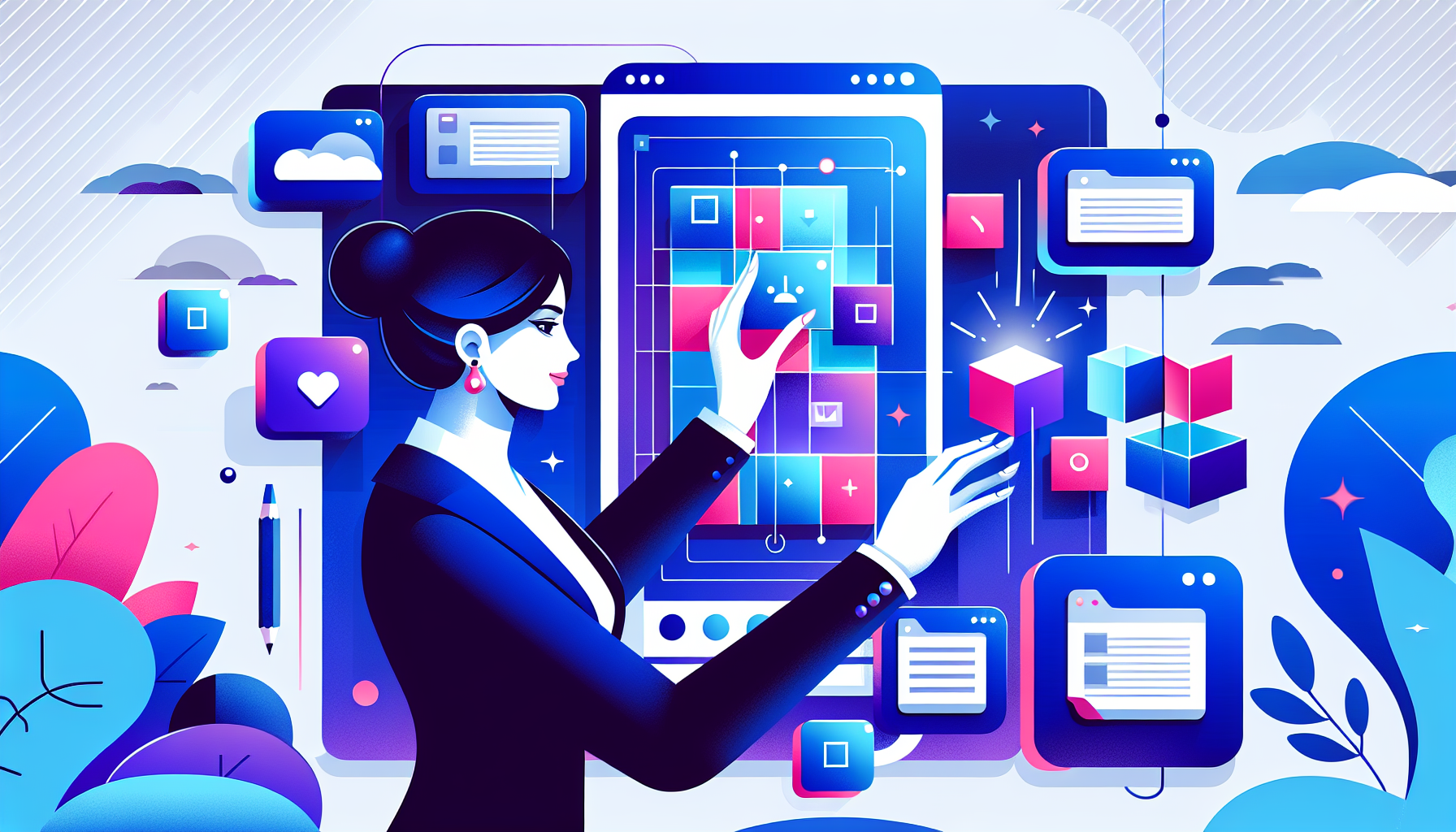 노코드 개념을 표현한 일러스트: 레고 블록처럼 조립하여 앱을 만드는 모습