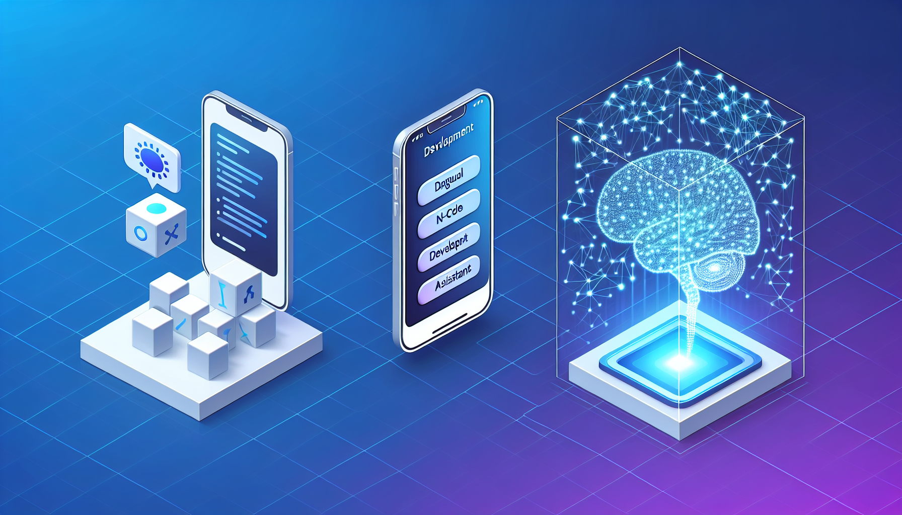 노코드 플랫폼과 AI 기술의 결합을 표현한 일러스트 - 드래그 앤 드롭 블록이 AI의 도움으로 완성된 앱으로 변환되는 모습