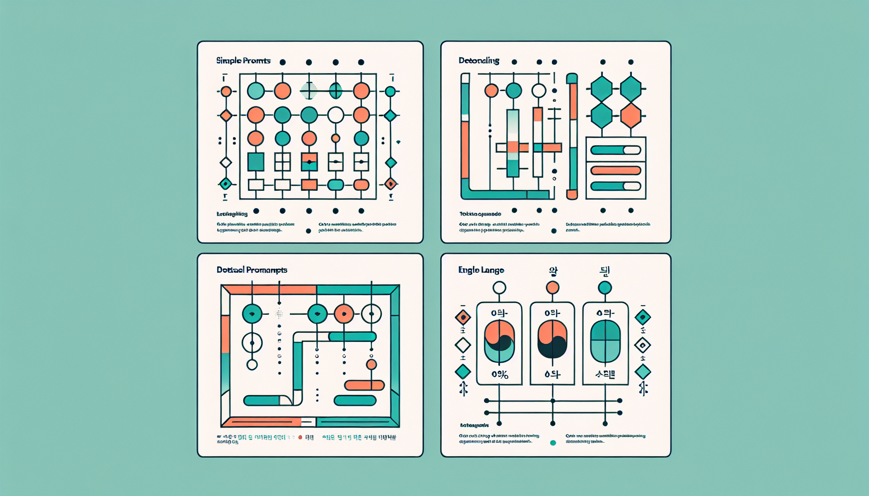 4가지 테스트 시나리오를 보여주는 다이어그램 - 언어와 프롬프트 길이에 따른 비교 조건 시각화