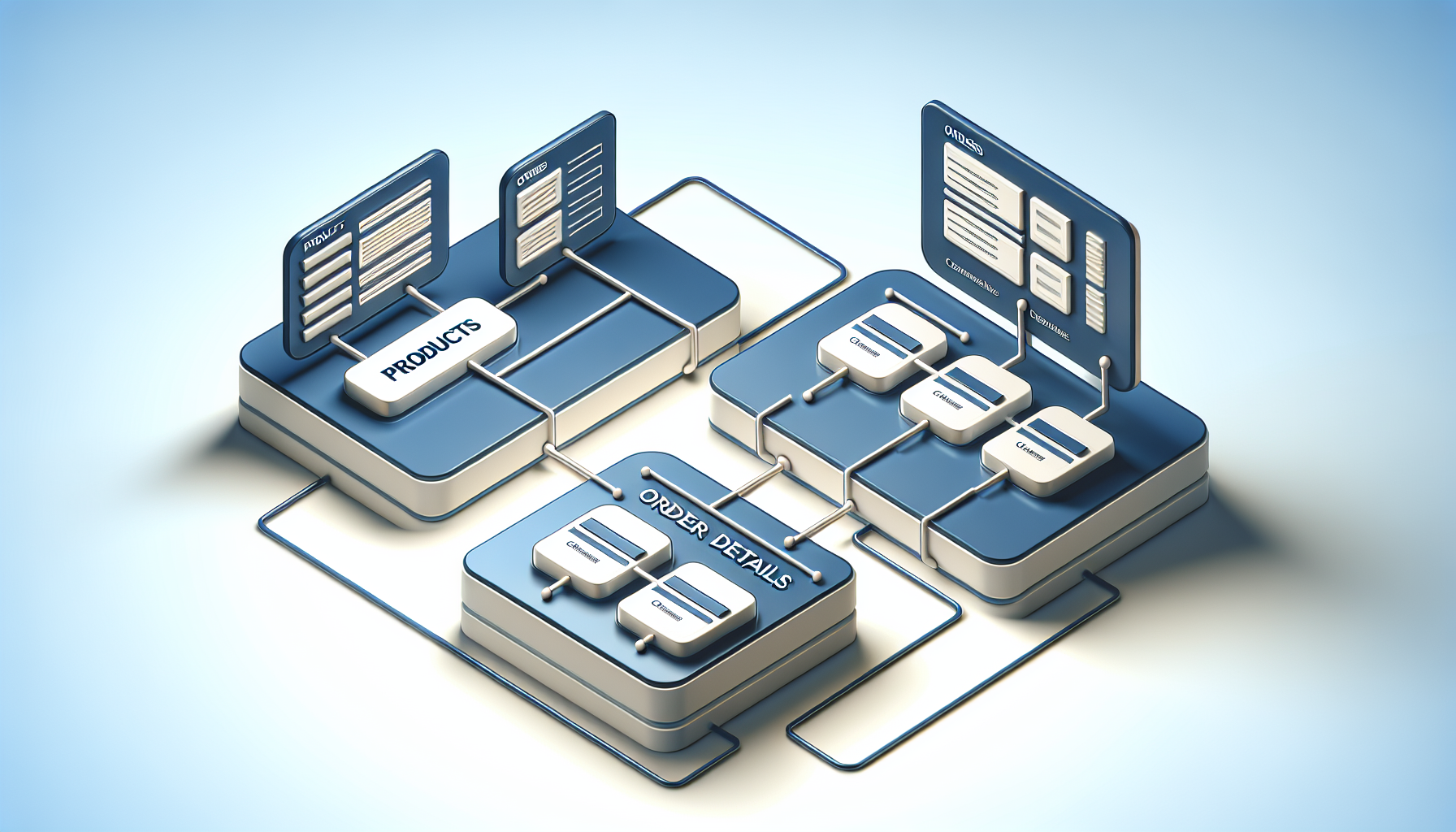 AI가 자동 생성한 3개의 데이터베이스 테이블 구조 - Products, Orders, Order Details 테이블과 그들의 관계를 보여주는 다이어그램