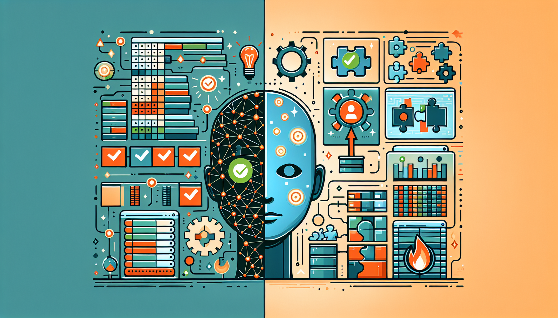 AI의 강점과 한계를 비교한 일러스트 - 데이터 구조 설계는 잘하지만 UI/UX와 비즈니스 로직 구현은 어려움을 시각화