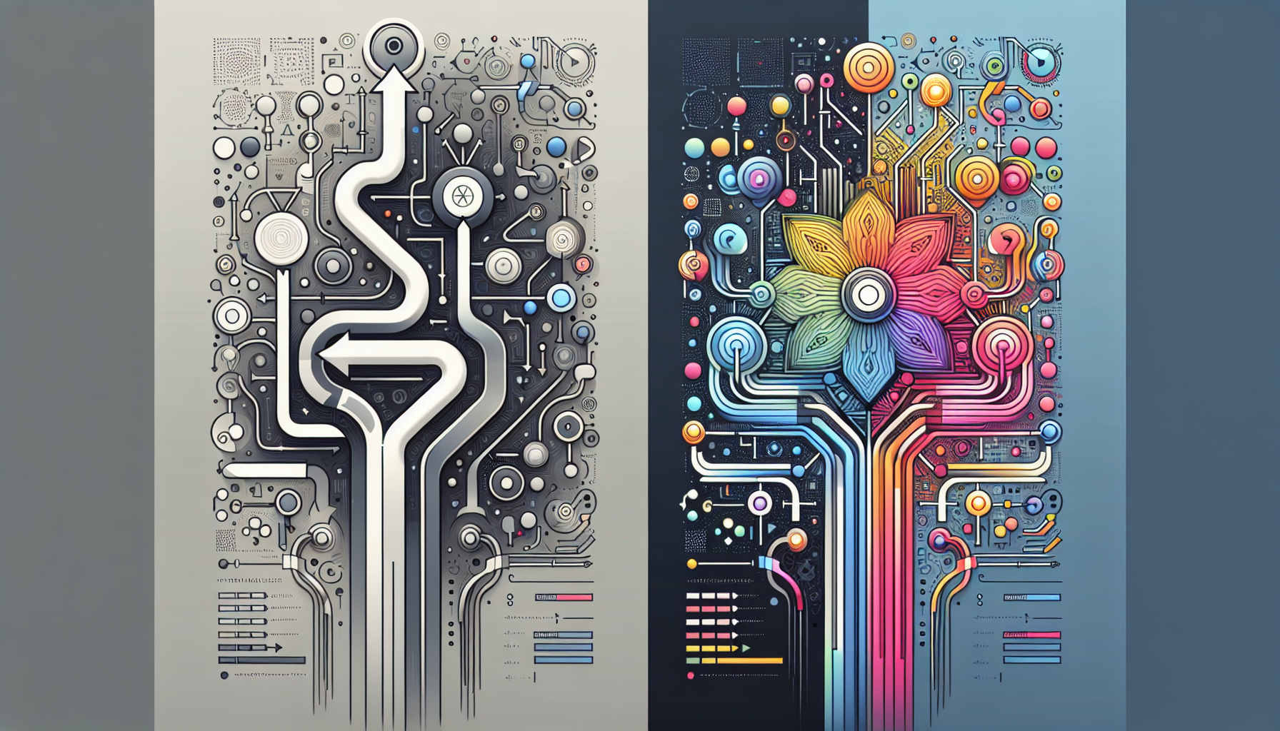 기존 AI와 새로운 추론형 AI의 사고 과정 비교 - 단순 직선형 답변과 복잡한 다단계 추론 과정의 차이를 보여주는 일러스트
