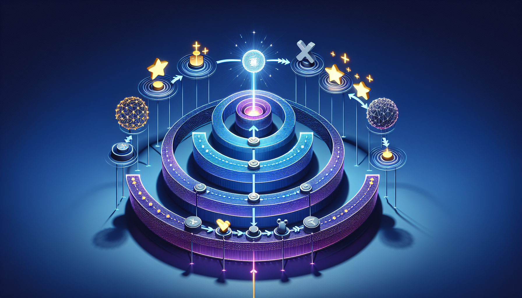 강화학습의 순환 과정 - 시도, 피드백, 학습, 숙달 단계를 나선형으로 표현한 AI 학습 메커니즘 다이어그램