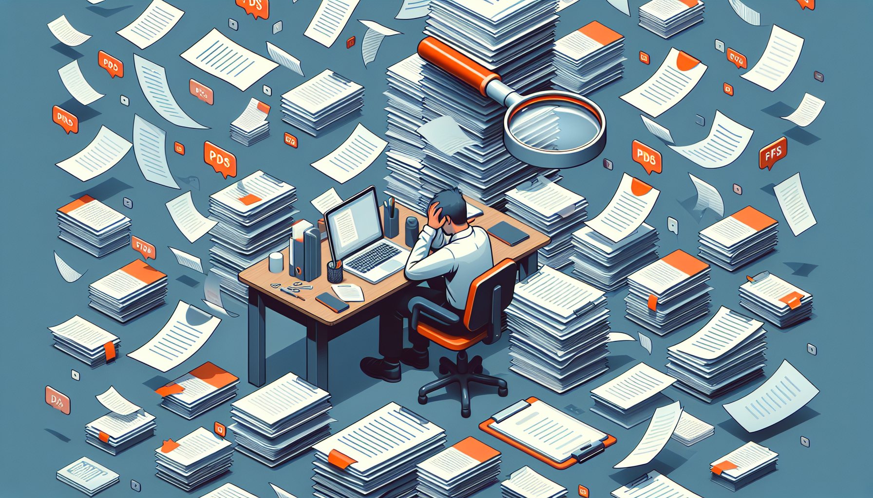 계약서 PDF 파일 관리의 어려움을 표현한 일러스트 - 흩어진 문서와 폴더들