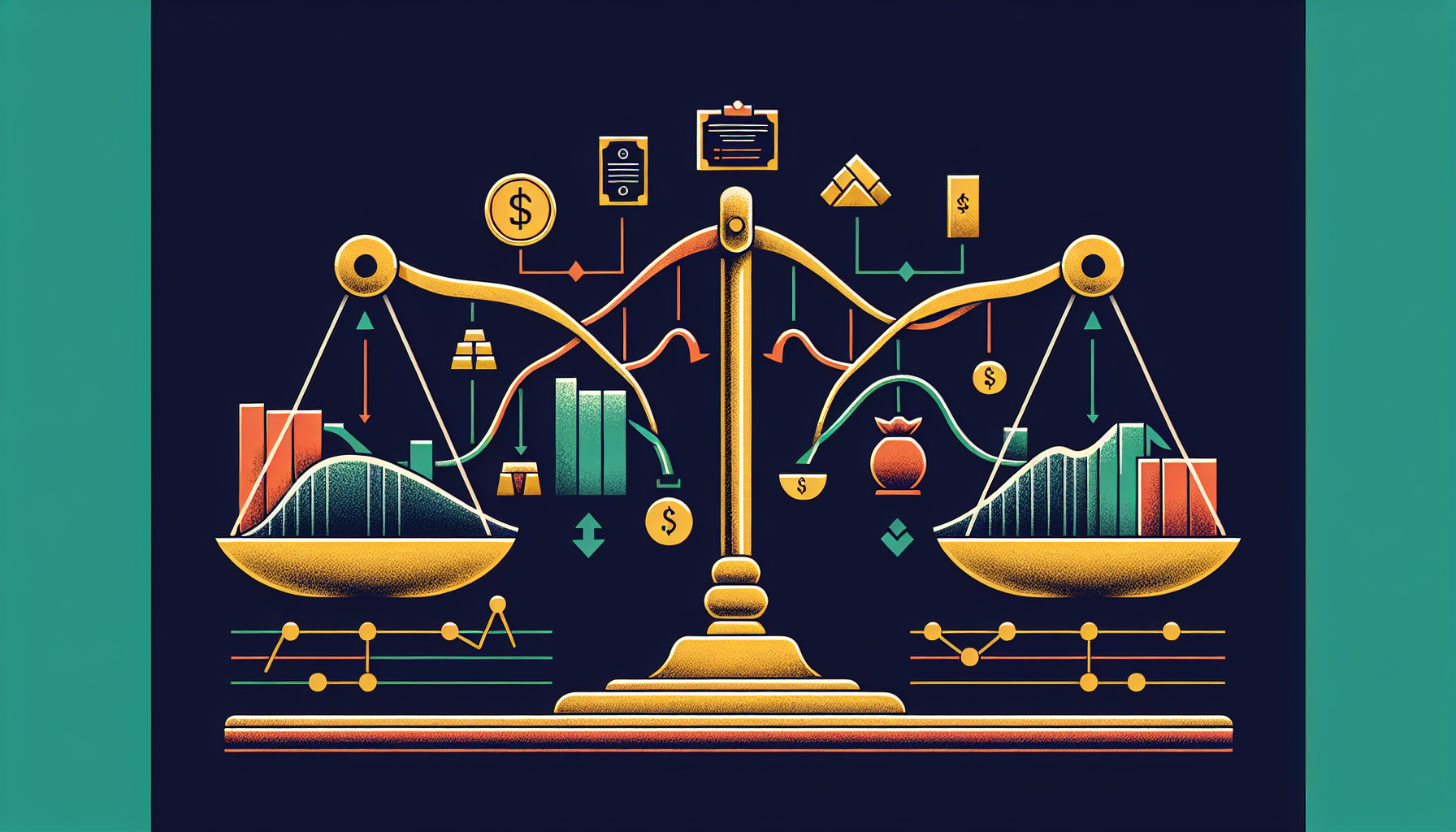 주식, 채권, 금, 원자재 자산배분 투자와 상관계수 개념 일러스트