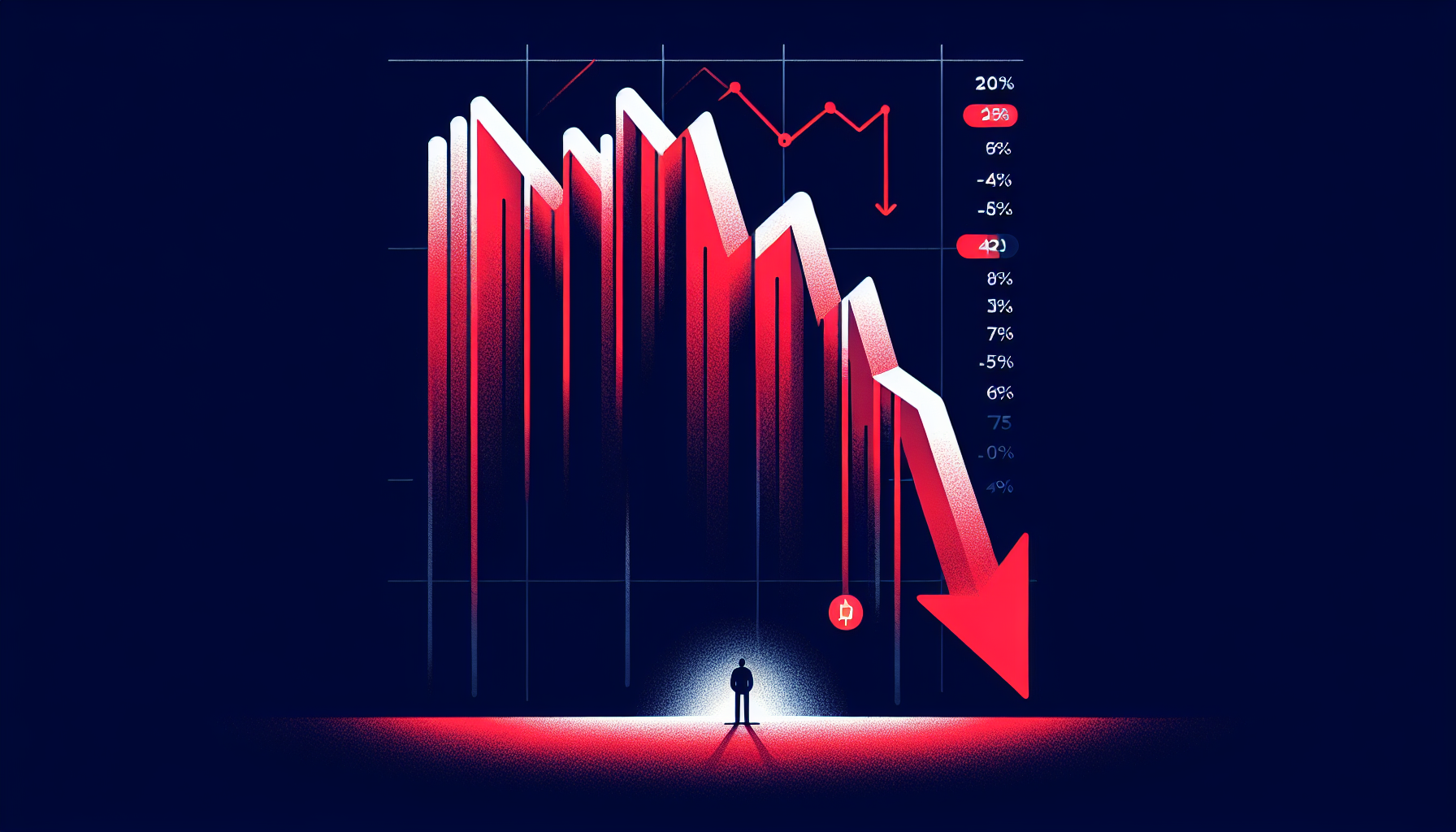 주식 시장 폭락과 투자 손실을 표현한 일러스트 - 급락하는 차트와 당황한 투자자