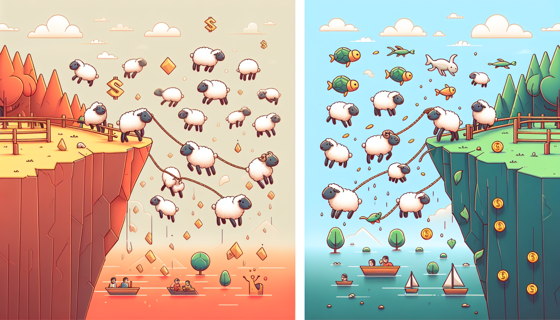 집중 투자의 위험성 - 연결된 양들이 함께 낭떠러지로 떨어지는 분산투자 필요성 일러스트