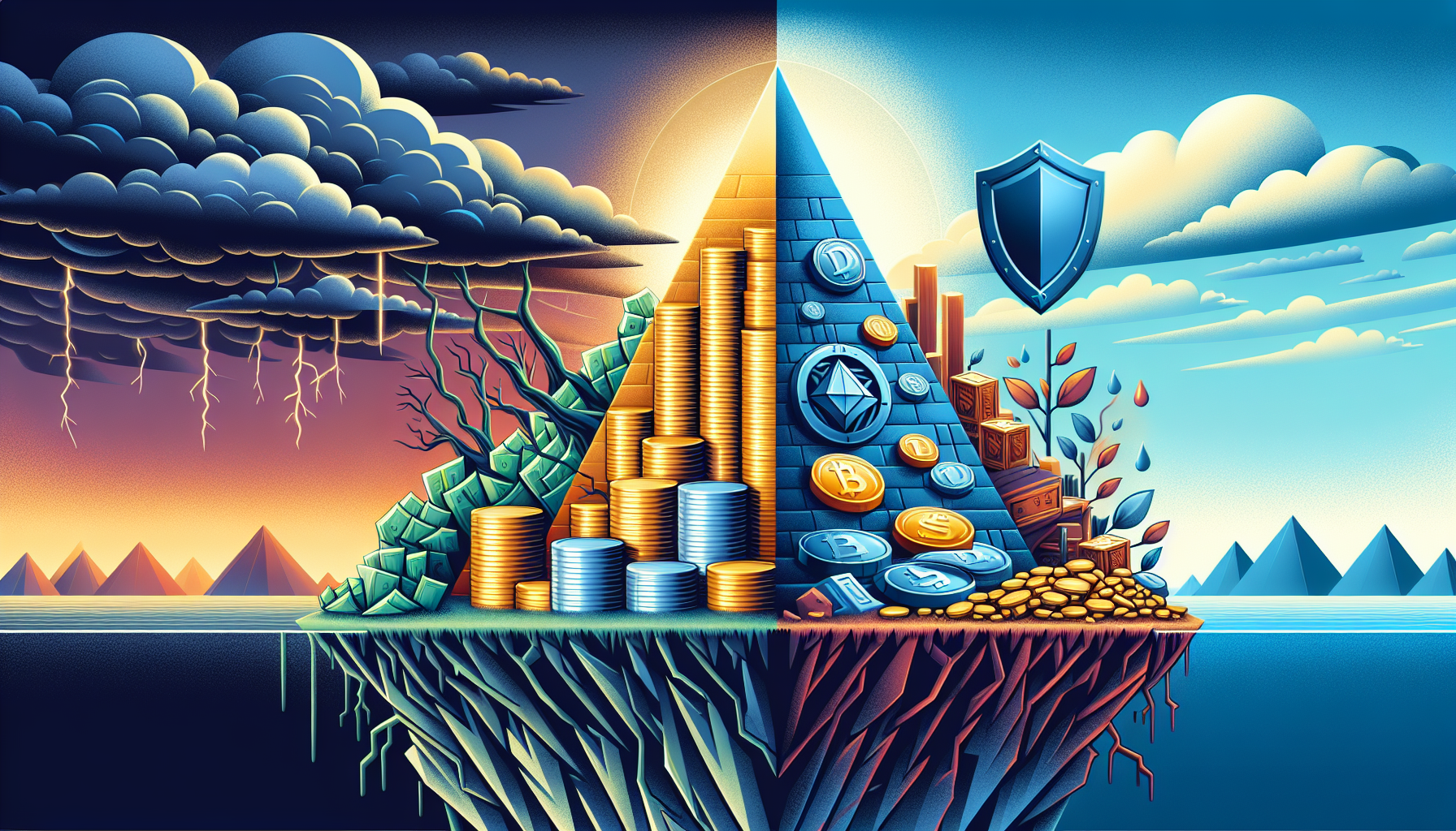 투자 리스크 관리의 중요성 - 고위험 집중투자와 안정적 분산투자 비교 일러스트